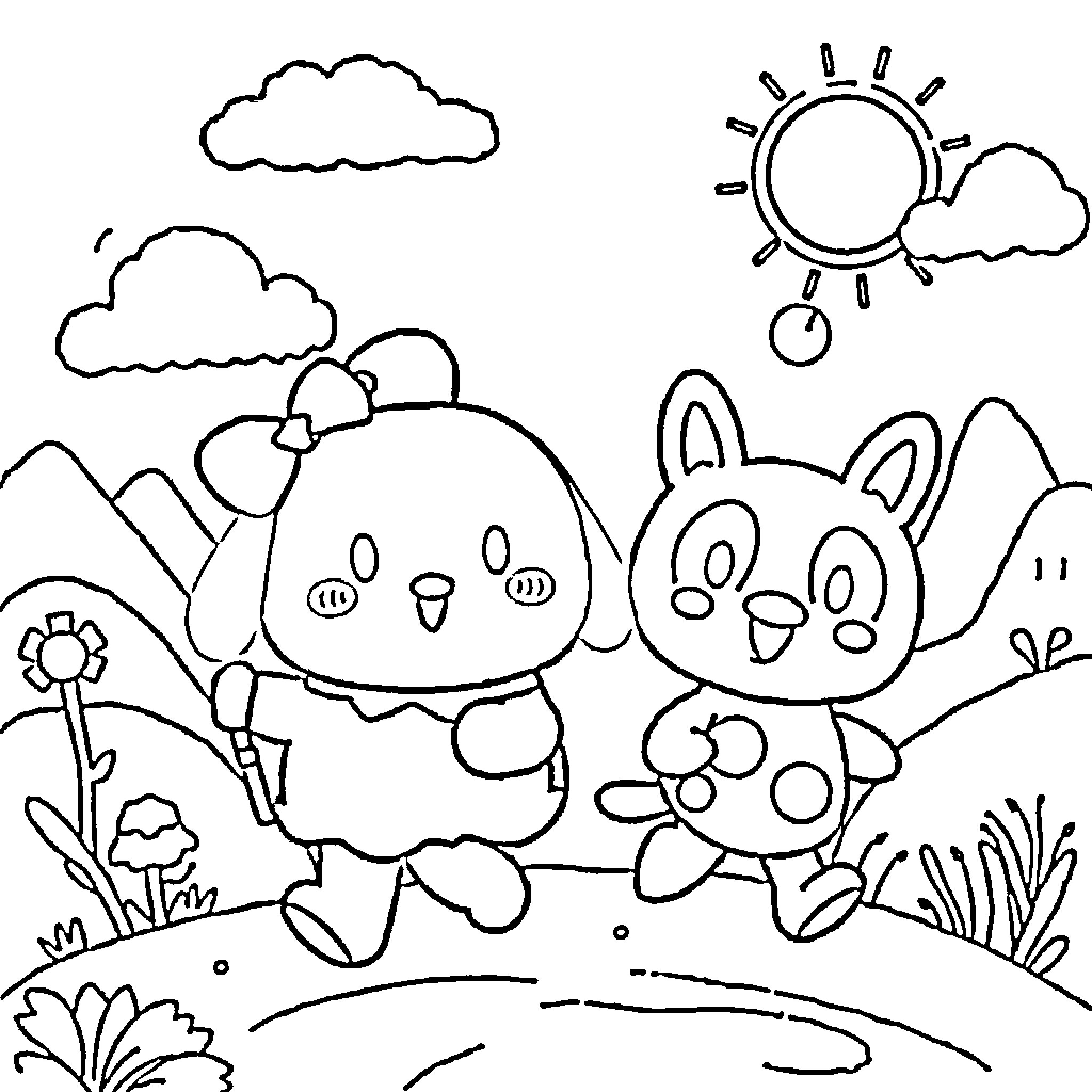 Pochaco's Whimsical Adventure in Nature Coloring Page (free black-and-white line drawing printable PDF for all, from beginners to advanced learners, including children, teens, adults, and seniors)