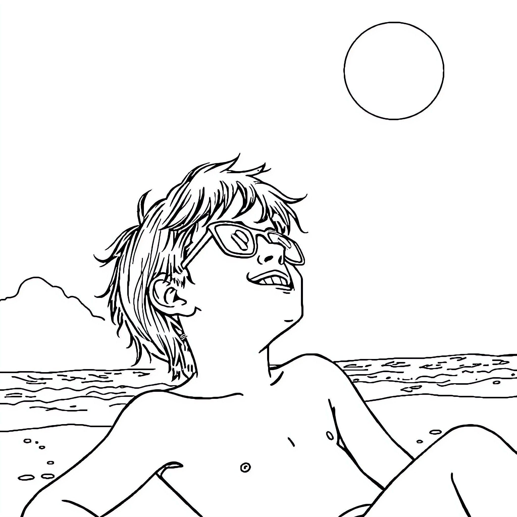 Young Man Relaxing on the Beach Coloring Page (free black-and-white line drawing printable PDF for all, from beginners to advanced learners, including children, teens, adults, and seniors)