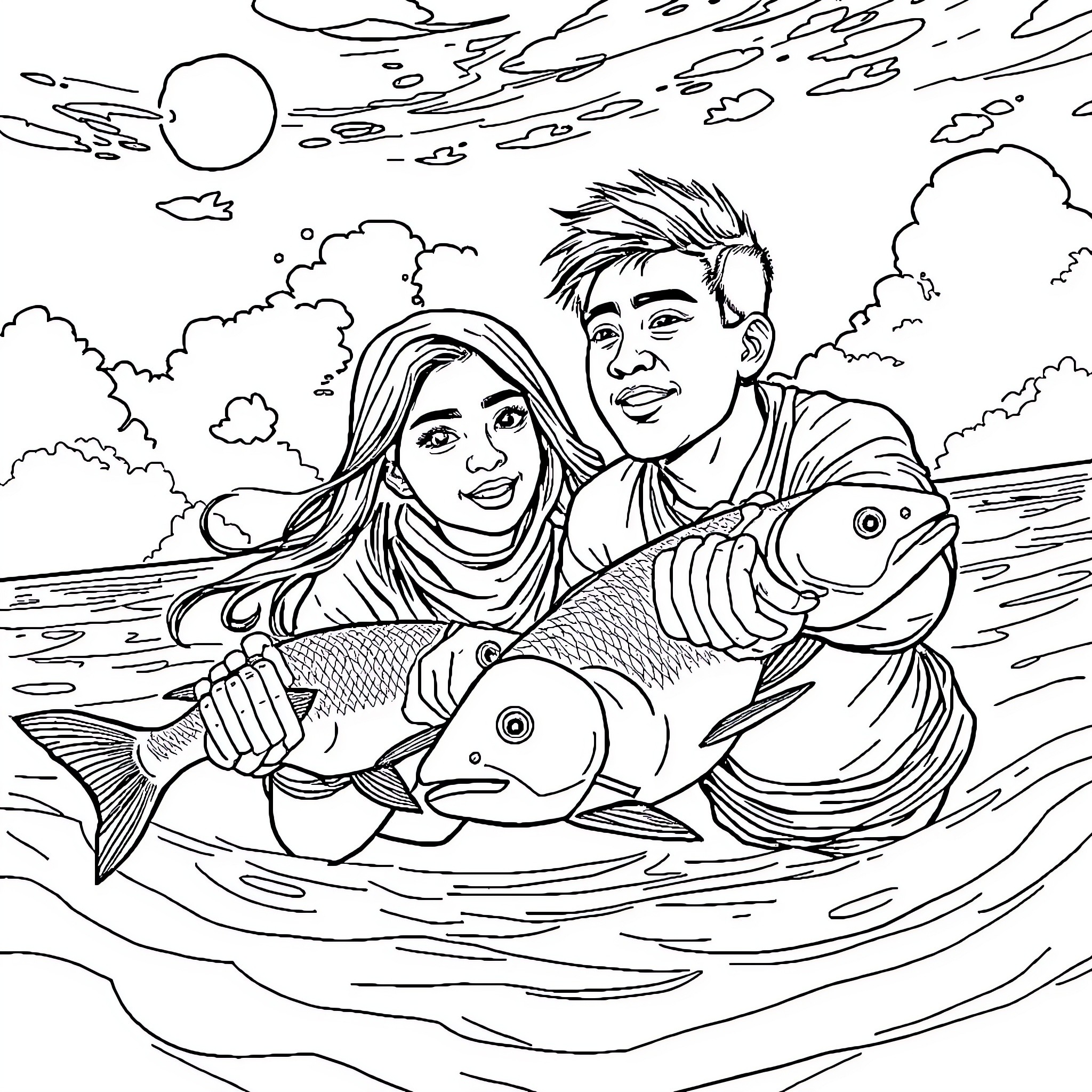 Mermaid couple fishing in the ocean Coloring Page (free black-and-white line drawing printable PDF for all, from beginners to advanced learners, including children, teens, adults, and seniors)