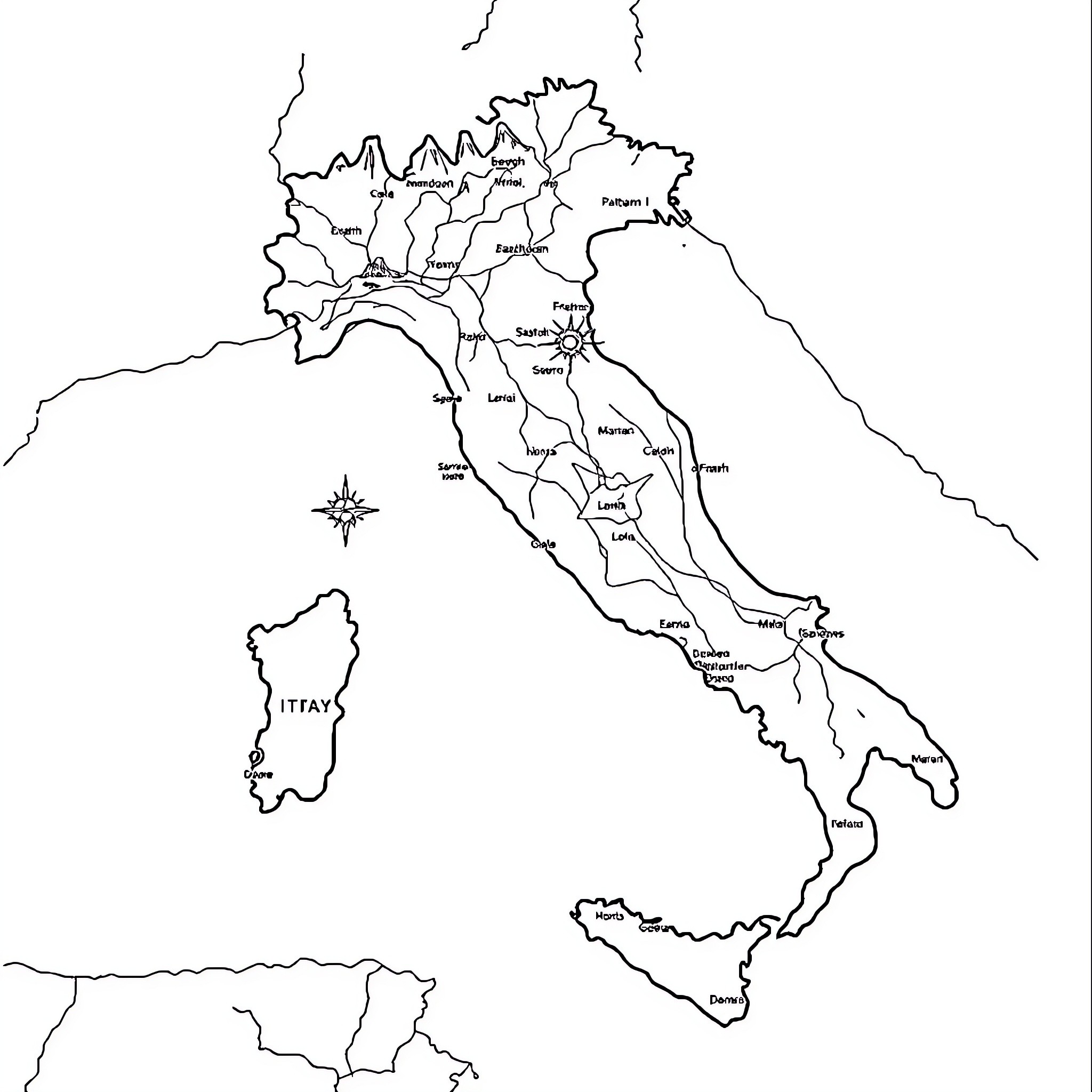 Italy's Geographical Outline with Regional Boundaries Coloring Page (free black-and-white line drawing printable PDF for all, from beginners to advanced learners, including children, teens, adults, and seniors)