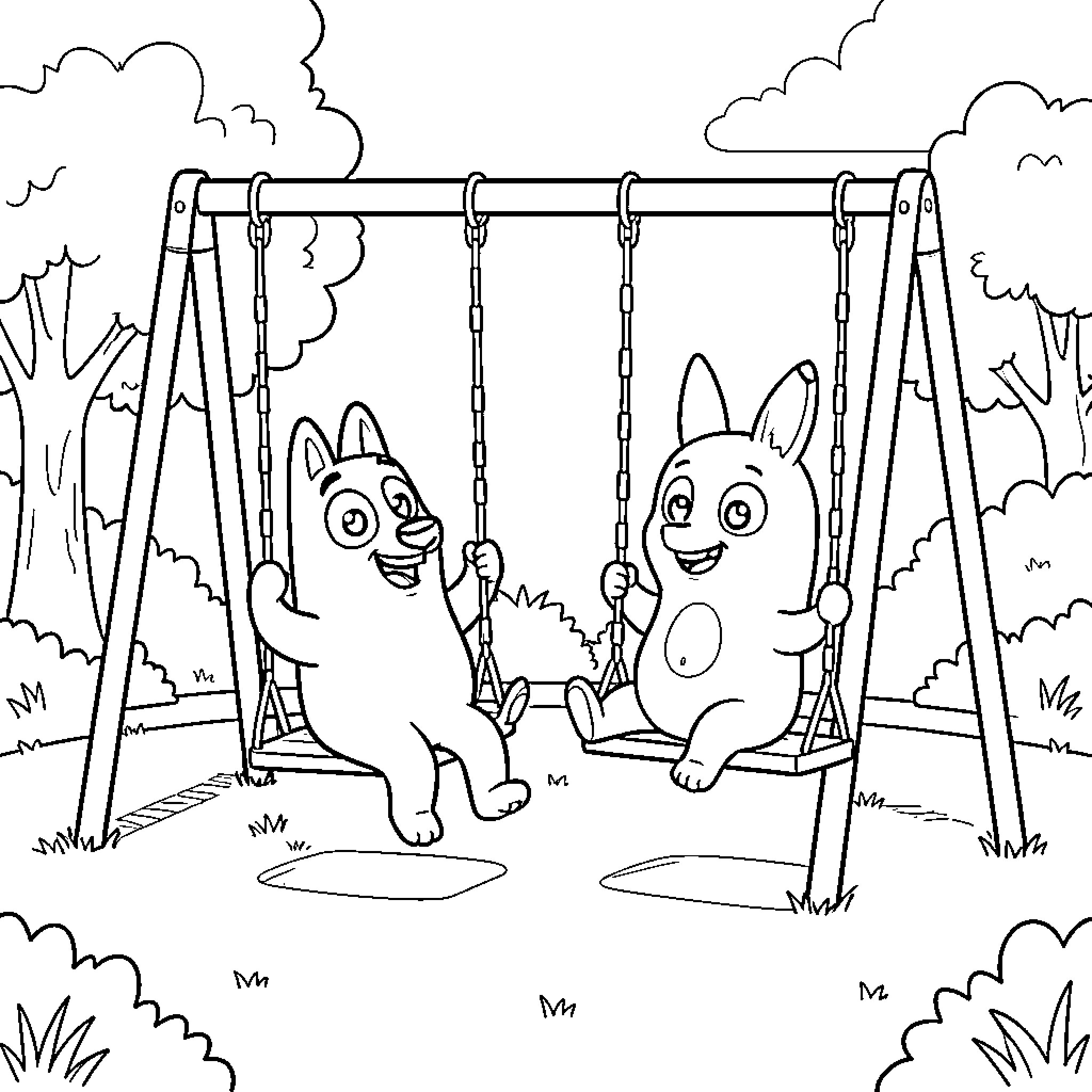 Bluey and friend laughing while playing on swings Coloring Page (free black-and-white line drawing printable PDF for all, from beginners to advanced learners, including children, teens, adults, and seniors)