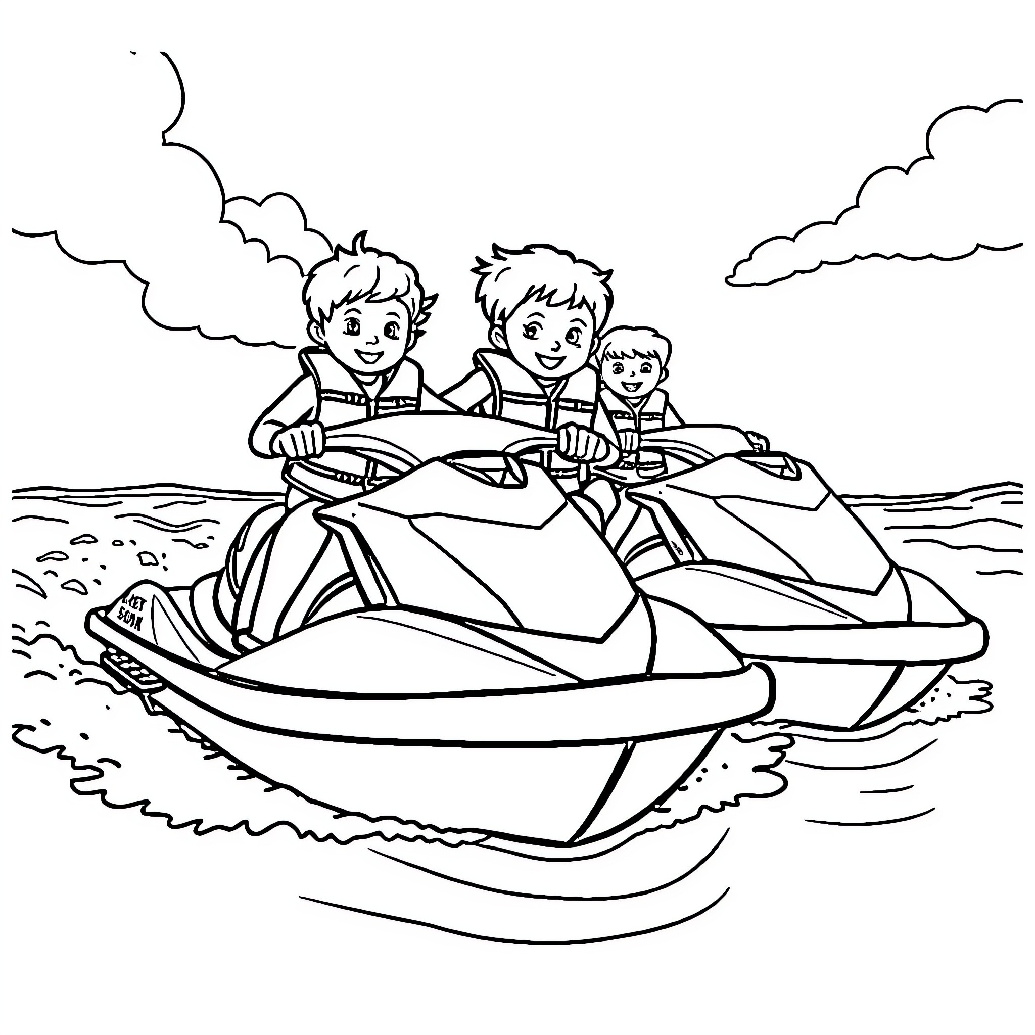 Kid riding jet skis on the water Coloring Page (free black-and-white line drawing printable PDF for all, from beginners to advanced learners, including children, teens, adults, and seniors)