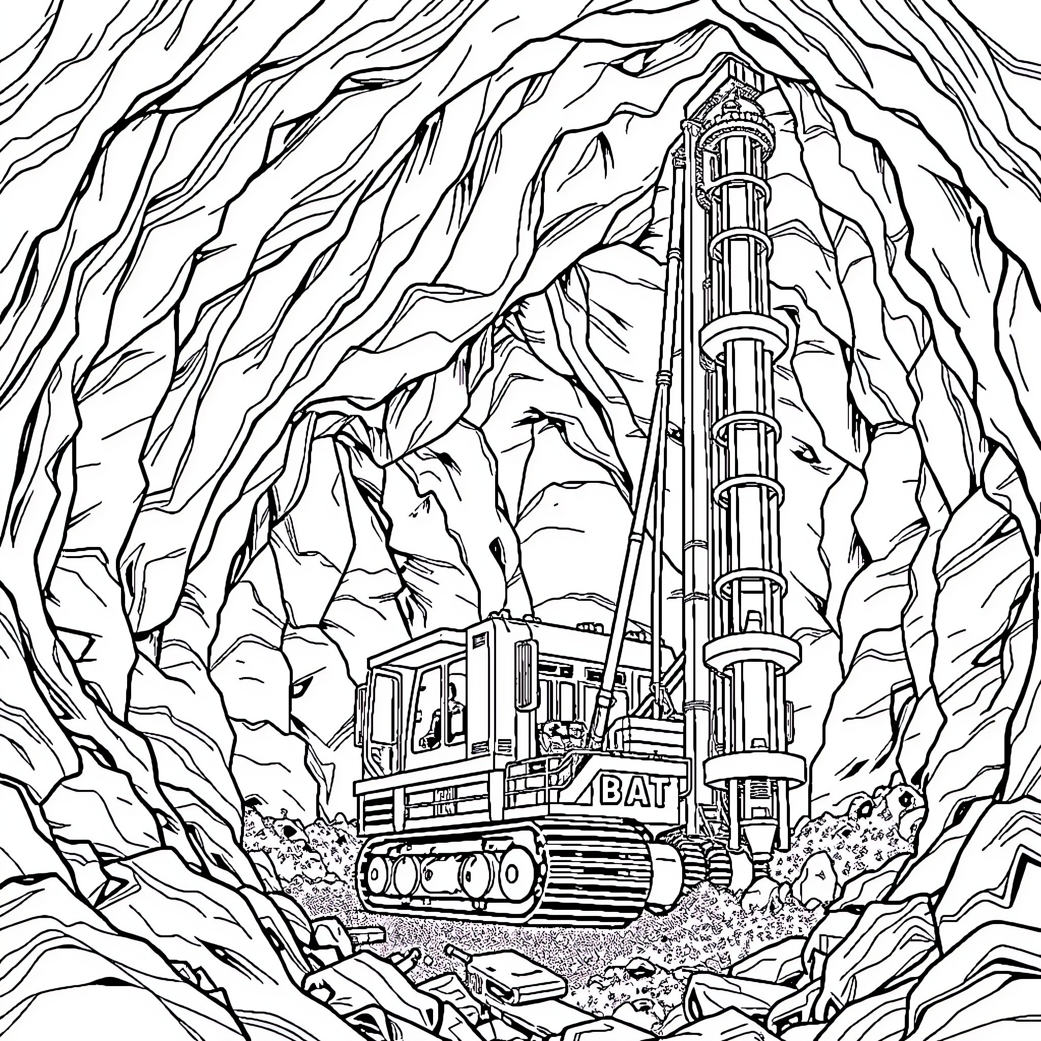 Drill machinery working in rugged terrain Coloring Page (free black-and-white line drawing printable PDF for all, from beginners to advanced learners, including children, teens, adults, and seniors)