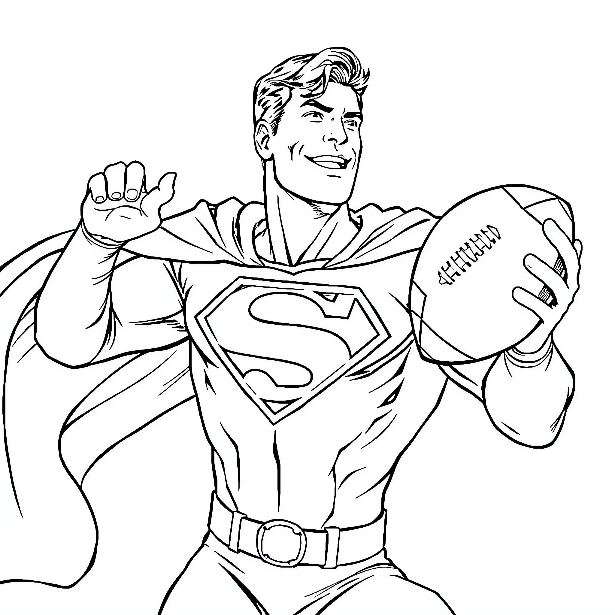 Superman heroically holding a football Coloring Page (free black-and-white line drawing printable PDF for all, from beginners to advanced learners, including children, teens, adults, and seniors)