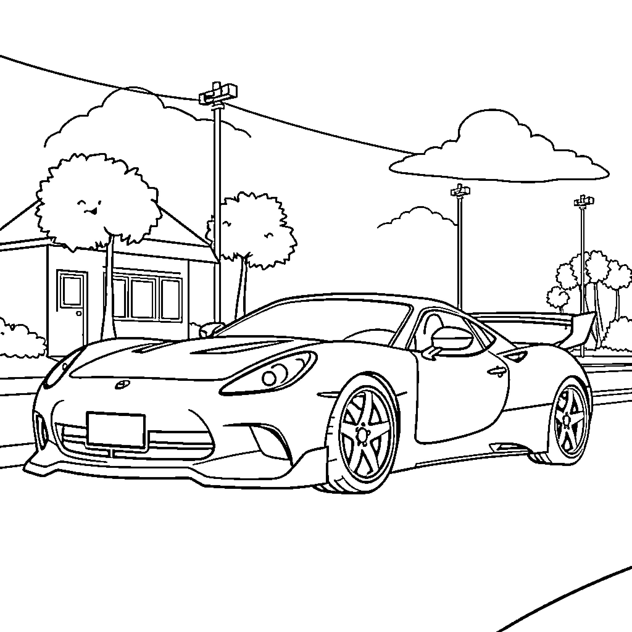 Sport Car parked on the road in a scenic setting Coloring Page (free black-and-white line drawing printable PDF for all, from beginners to advanced learners, including children, teens, adults, and seniors)