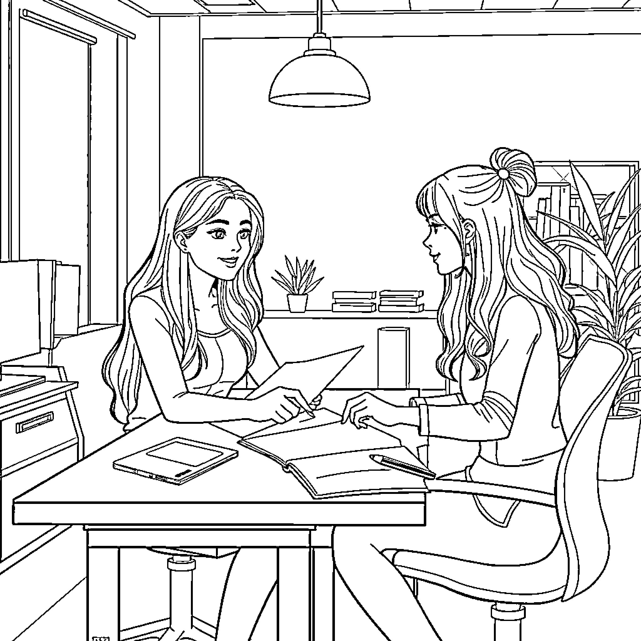 Girl friends studying together in cozy interior Coloring Page (free black-and-white line drawing printable PDF for all, from beginners to advanced learners, including children, teens, adults, and seniors)