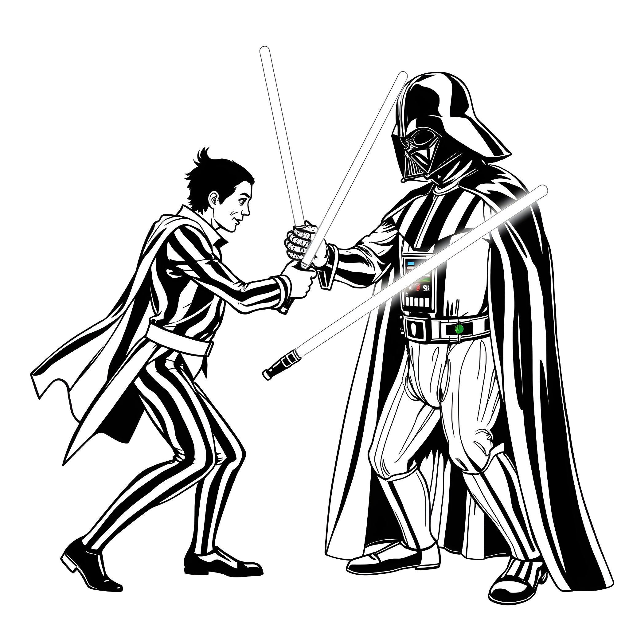 Mr. Mime engaged in a lightsaber duel with Darth Vader Coloring Page (free black-and-white line drawing printable PDF for all, from beginners to advanced learners, including children, teens, adults, and seniors)