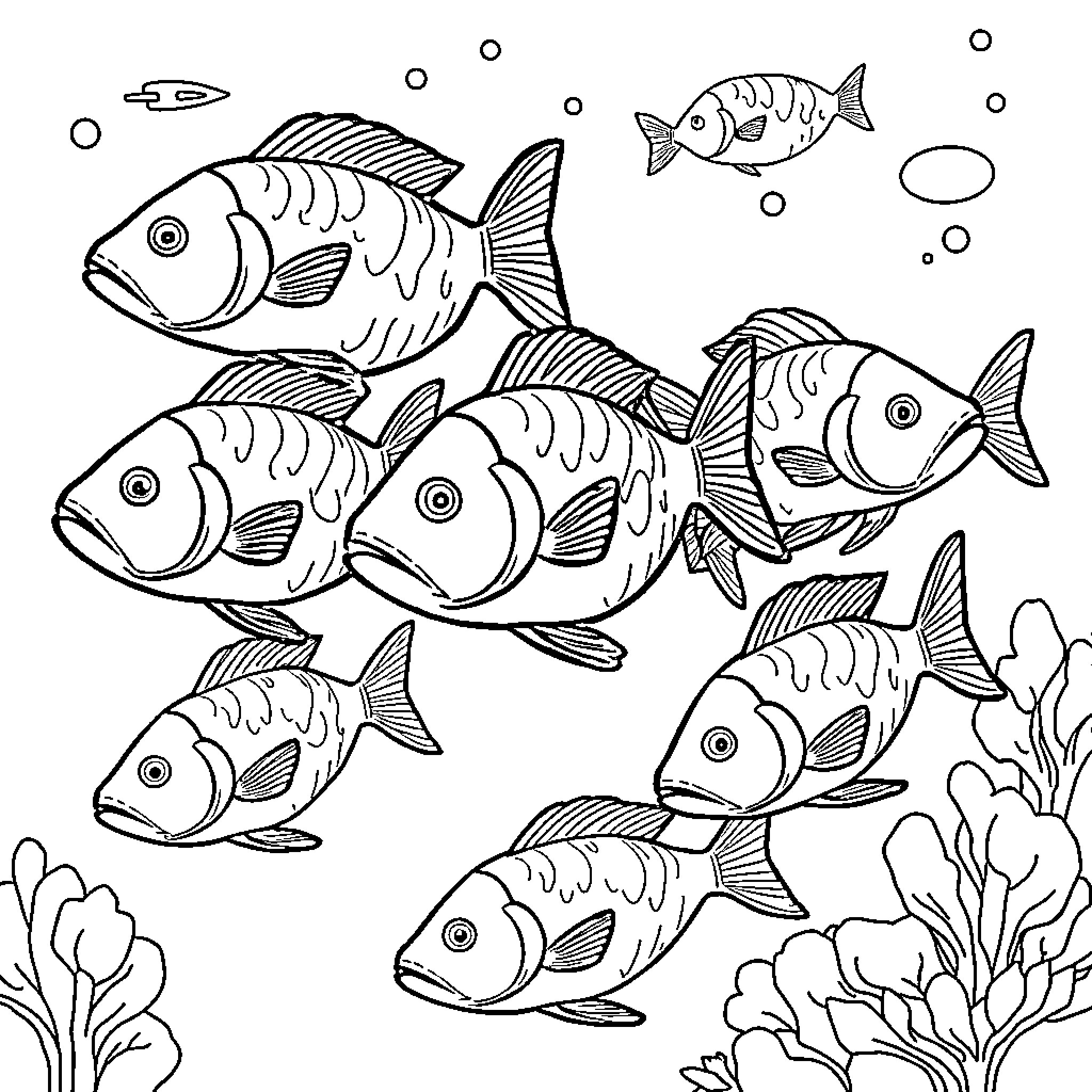 Fish school swimming underwater with coral Coloring Page (free black-and-white line drawing printable PDF for all, from beginners to advanced learners, including children, teens, adults, and seniors)