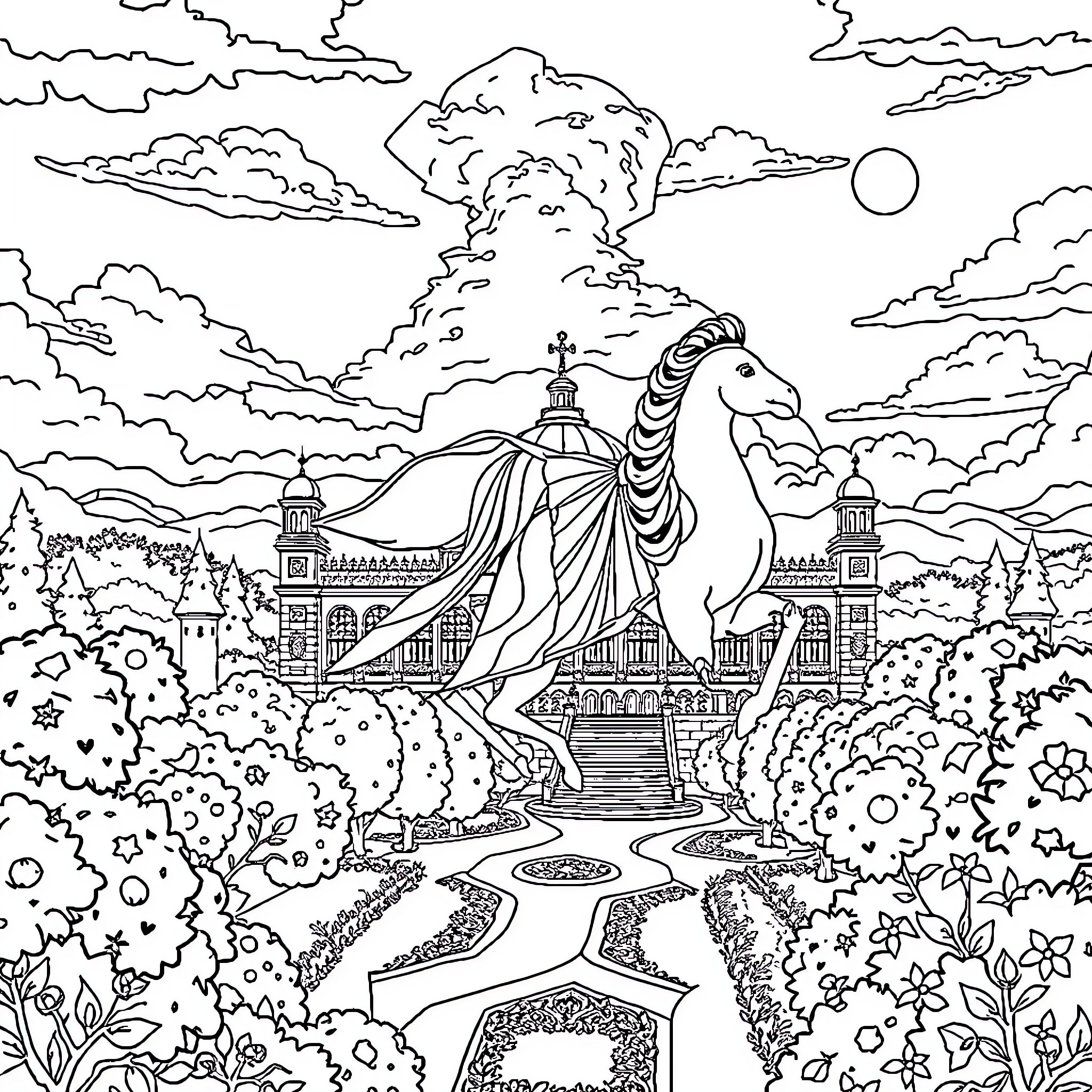 Genius Fantastical Landscape with Mythical Creature Coloring Page (free black-and-white line drawing printable PDF for all, from beginners to advanced learners, including children, teens, adults, and seniors)