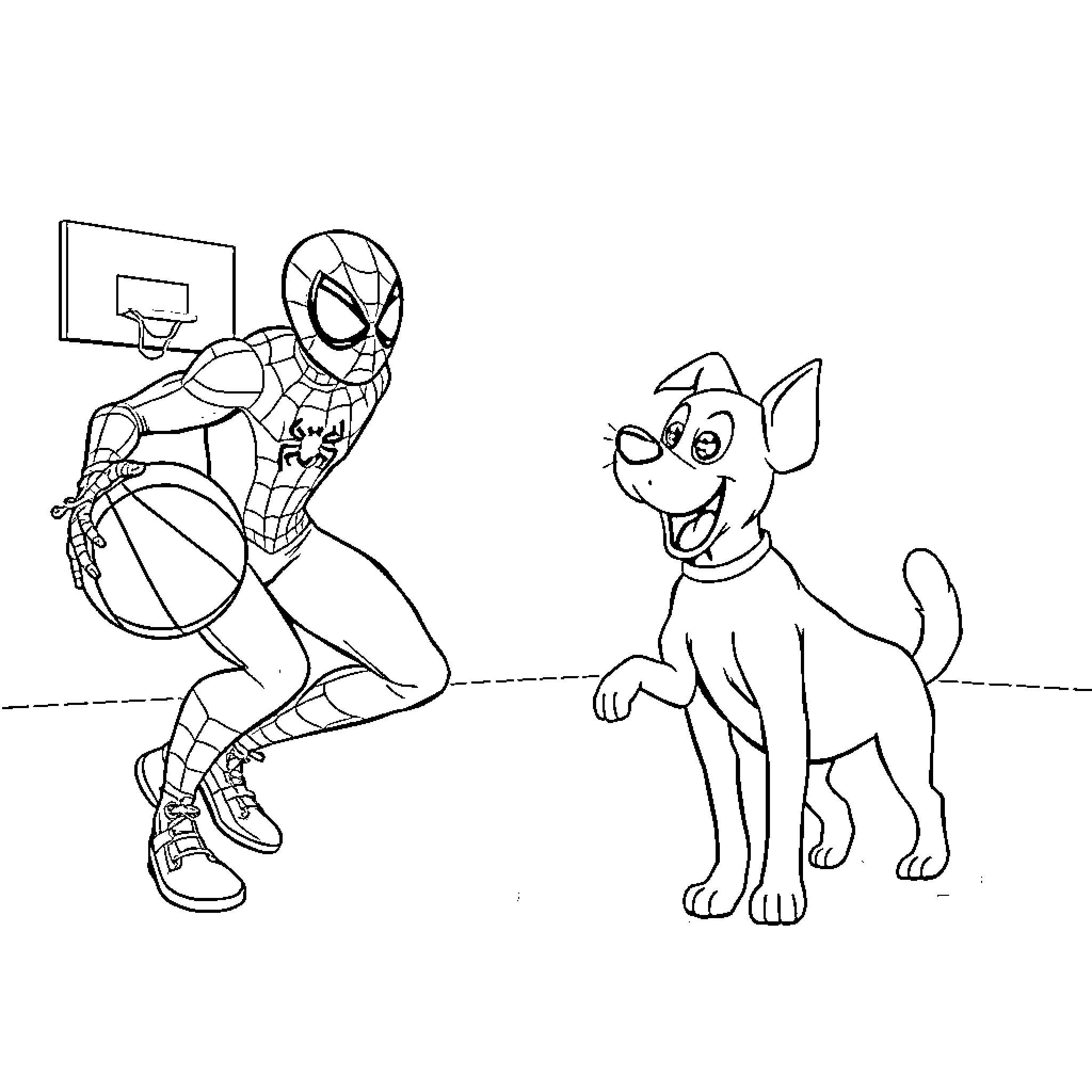Spiderman playing basketball with a happy dog Coloring Page (free black-and-white line drawing printable PDF for all, from beginners to advanced learners, including children, teens, adults, and seniors)