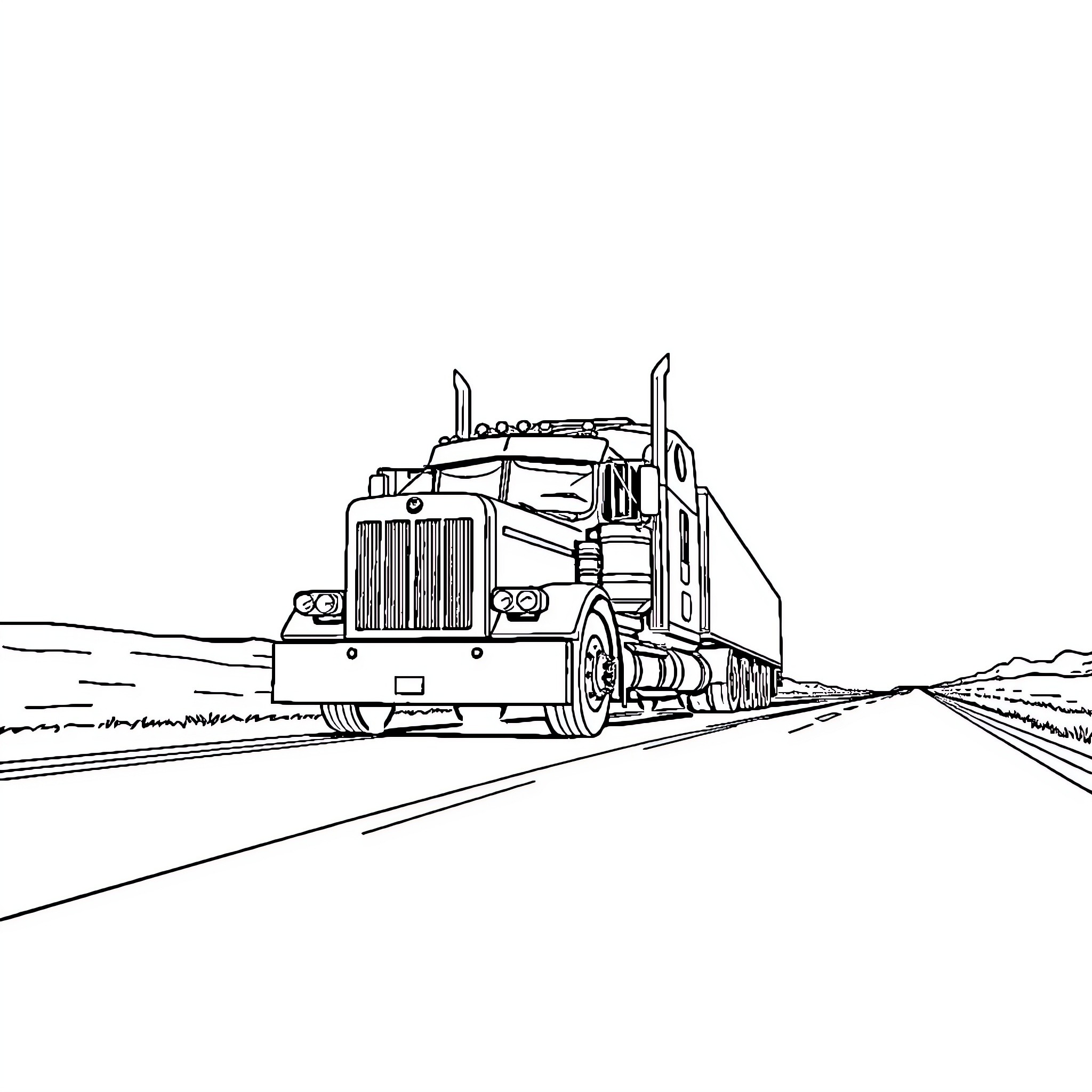 Kenworth Truck Traveling on the Open Road Coloring Page (free black-and-white line drawing printable PDF for all, from beginners to advanced learners, including children, teens, adults, and seniors)