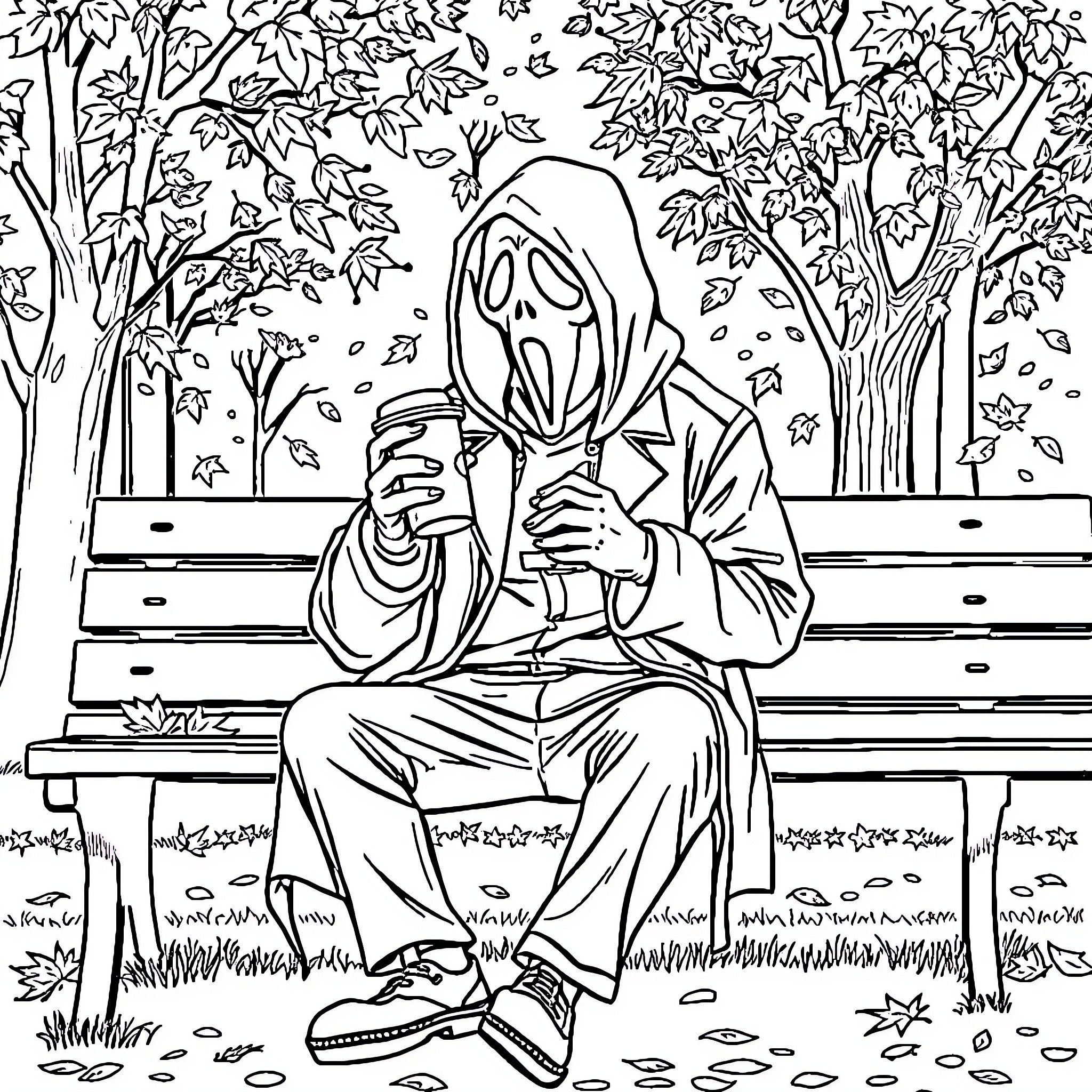 Ghostface sitting alone on a bench in the woods Coloring Page (free black-and-white line drawing printable PDF for all, from beginners to advanced learners, including children, teens, adults, and seniors)
