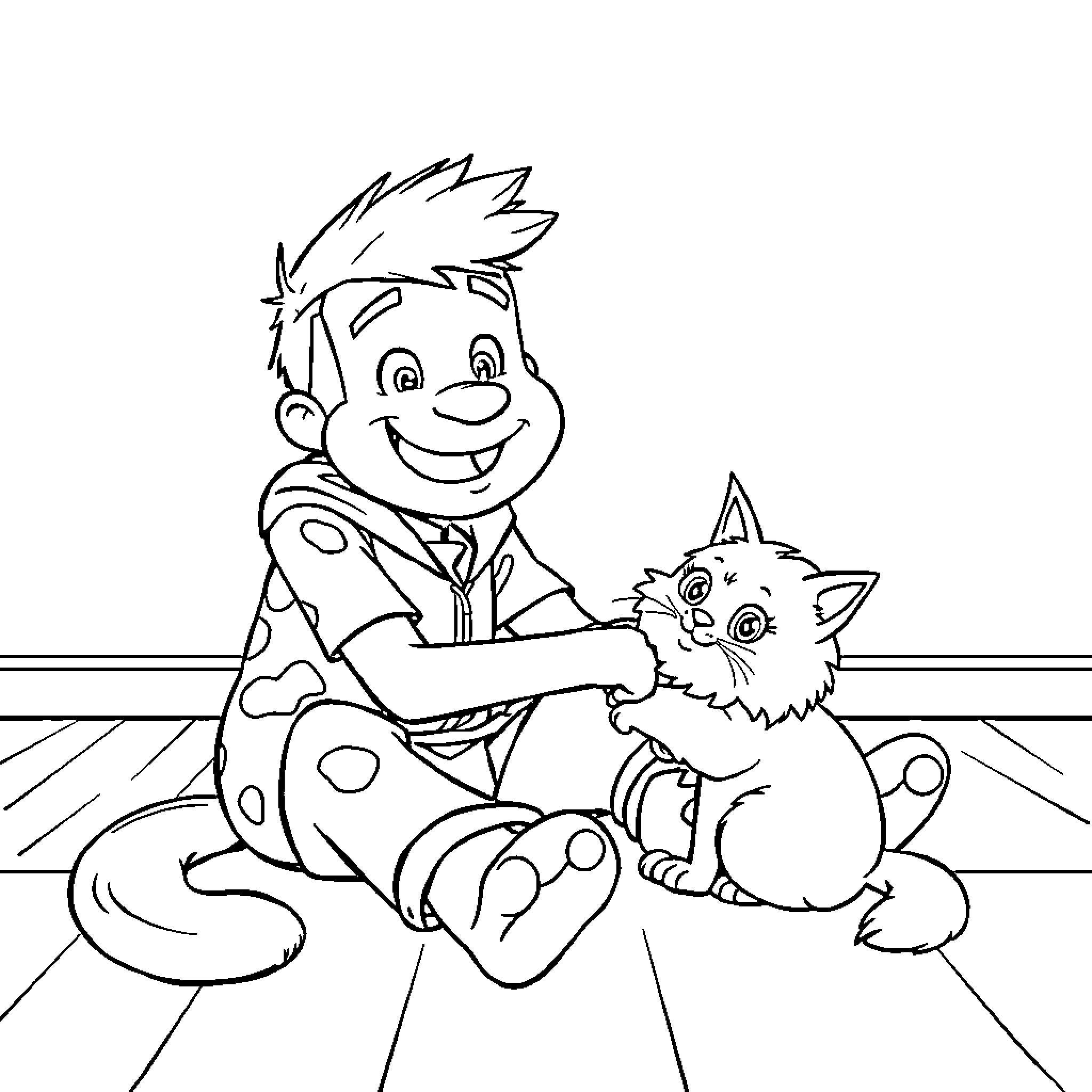 Jake Sully playing with a kitten Coloring Page (free black-and-white line drawing printable PDF for all, from beginners to advanced learners, including children, teens, adults, and seniors)