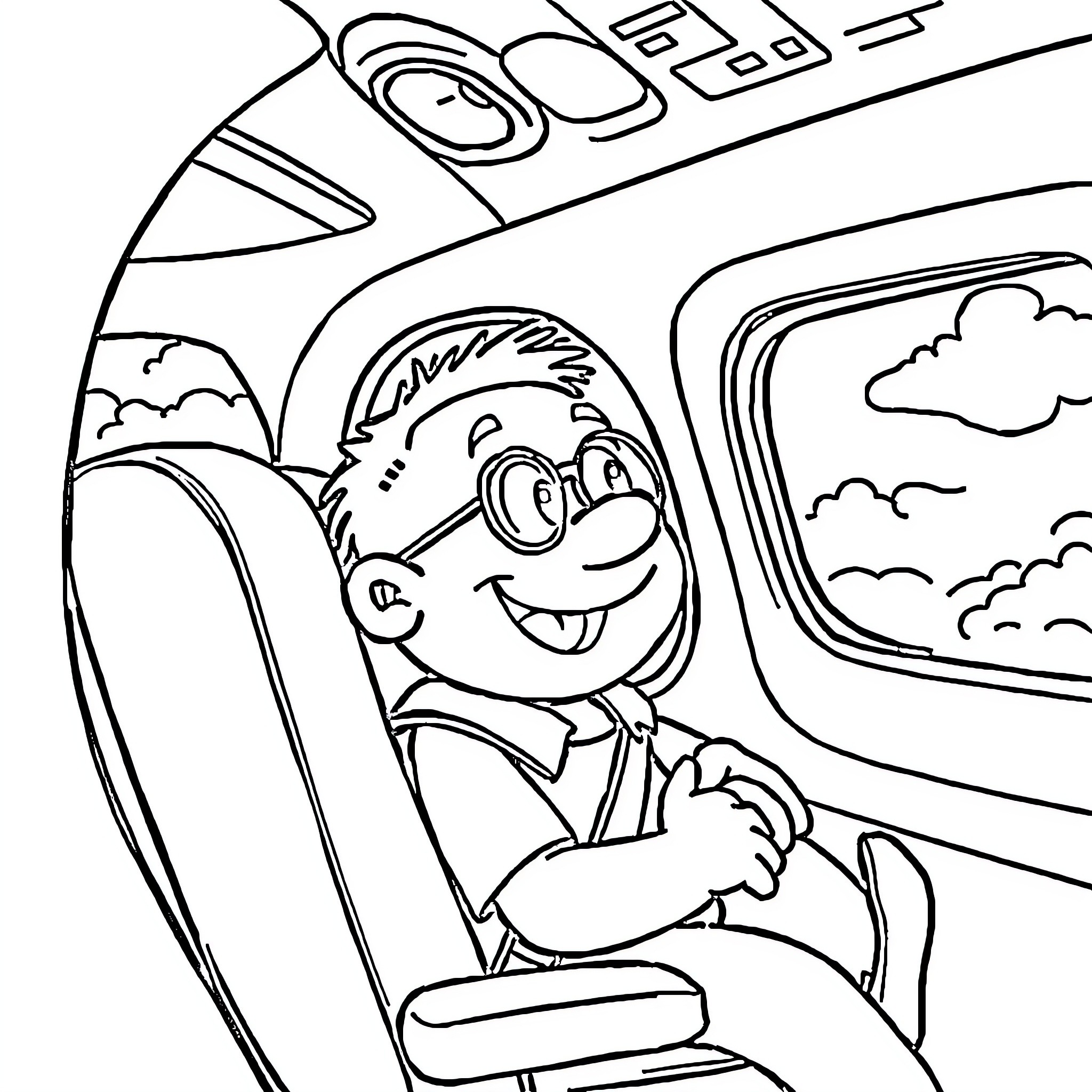 Bob esponja enjoys a plane ride with clouds Coloring Page (free black-and-white line drawing printable PDF for all, from beginners to advanced learners, including children, teens, adults, and seniors)