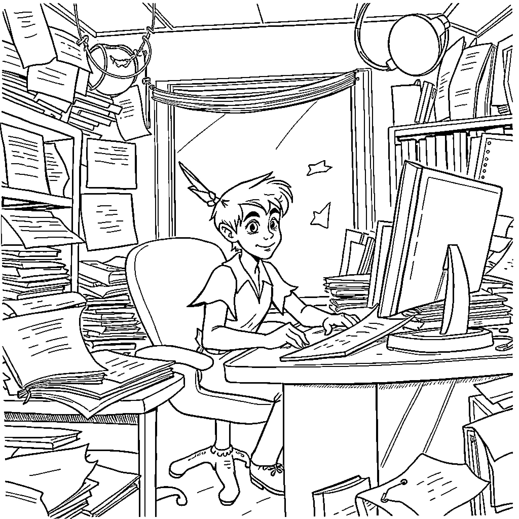 Peter Pan Working Diligently in a Cluttered Study Coloring Page (free black-and-white line drawing printable PDF for all, from beginners to advanced learners, including children, teens, adults, and seniors)