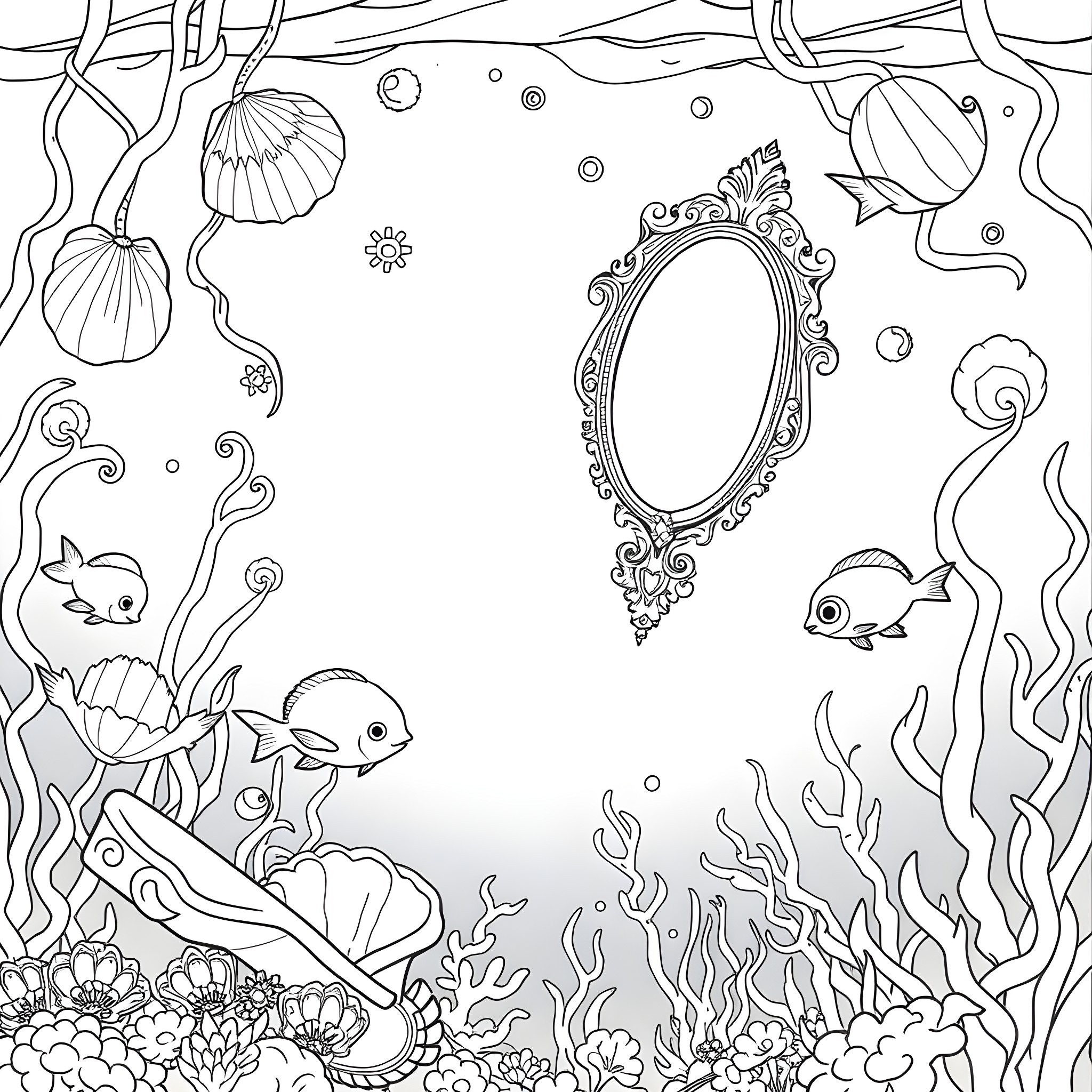 Mermaid's mirror in the underwater garden Coloring Page (free black-and-white line drawing printable PDF for all, from beginners to advanced learners, including children, teens, adults, and seniors)