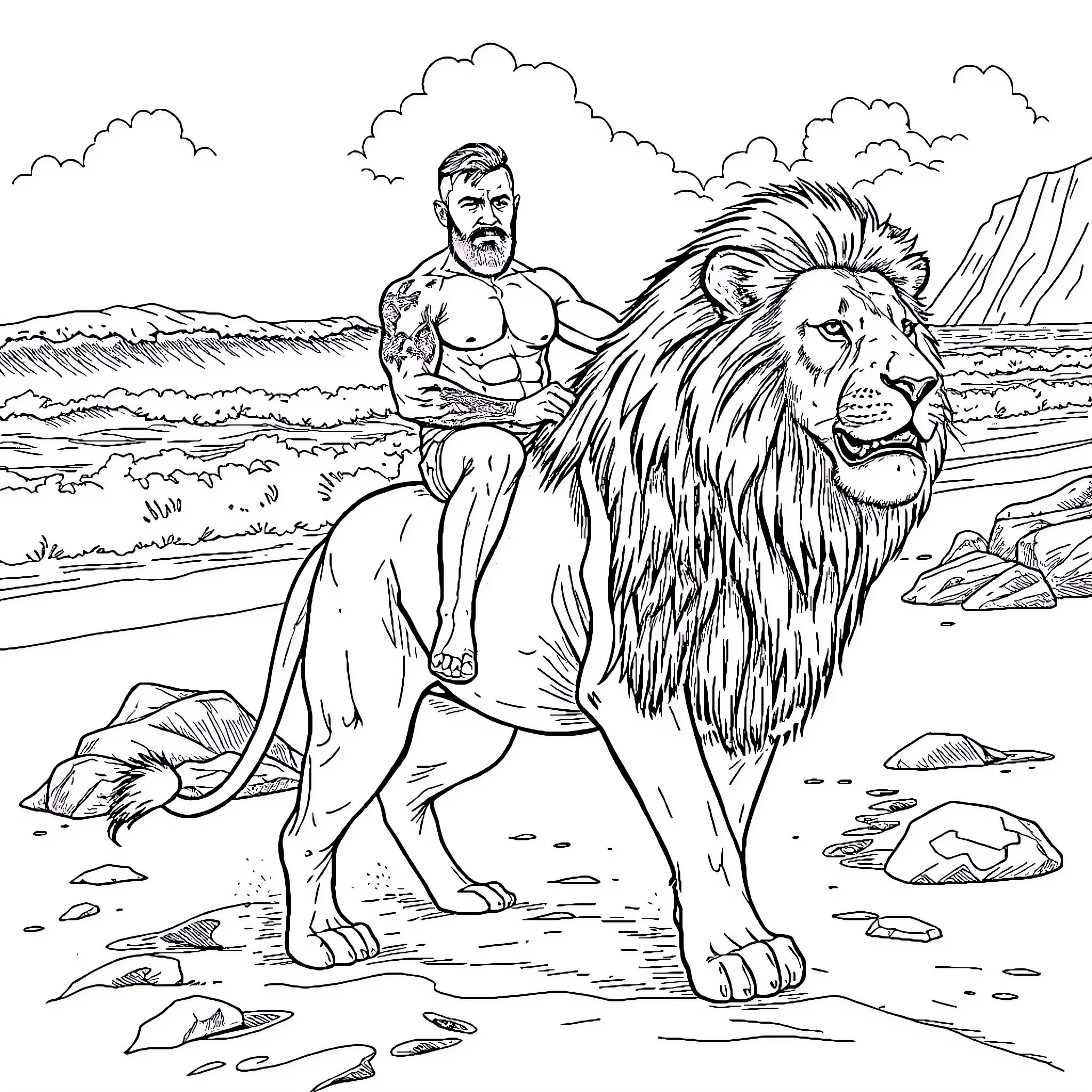 Lion and muscular man in dramatic landscape Coloring Page (free black-and-white line drawing printable PDF for all, from beginners to advanced learners, including children, teens, adults, and seniors)