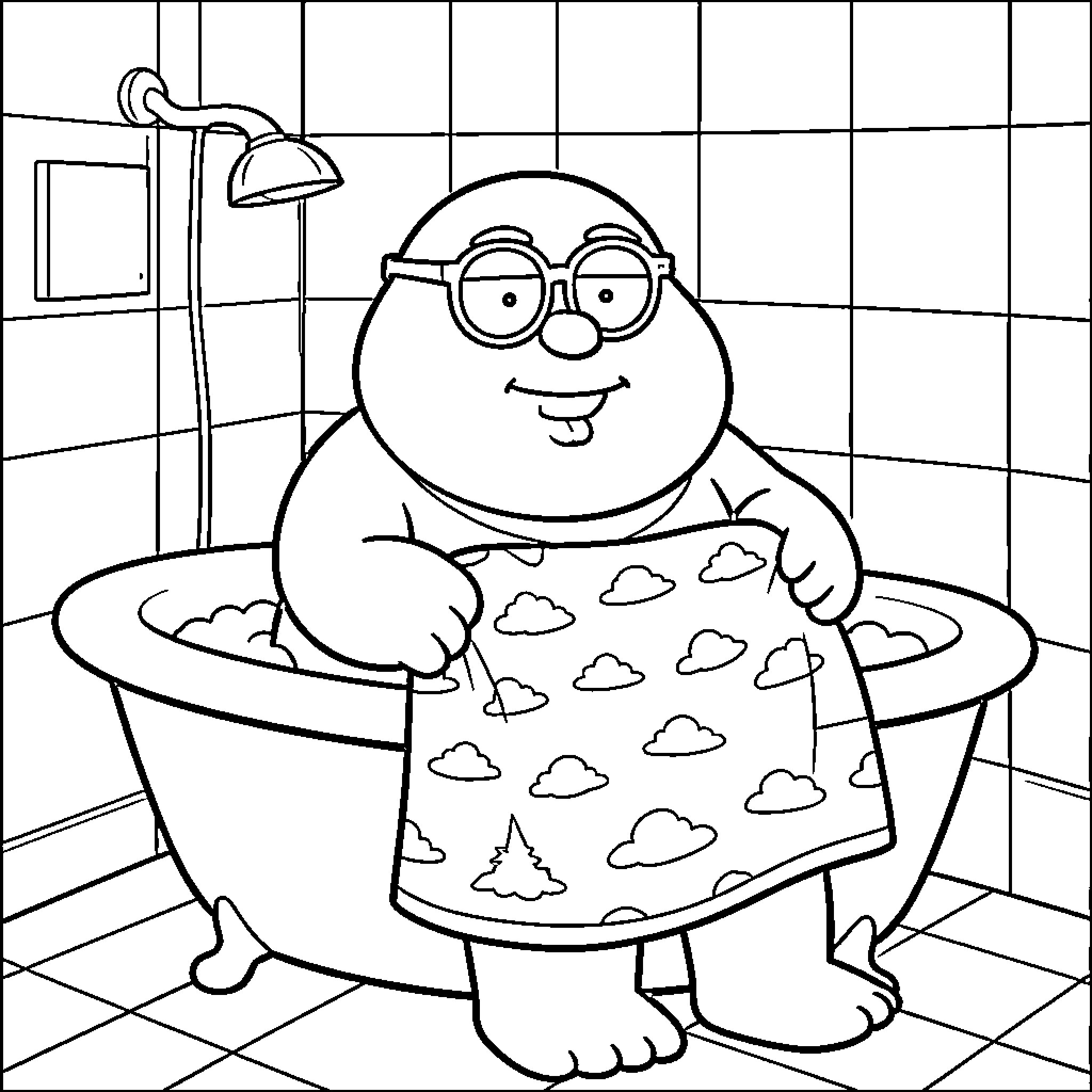 Cartman sitting in a bathtub holding a towel Coloring Page (free black-and-white line drawing printable PDF for all, from beginners to advanced learners, including children, teens, adults, and seniors)