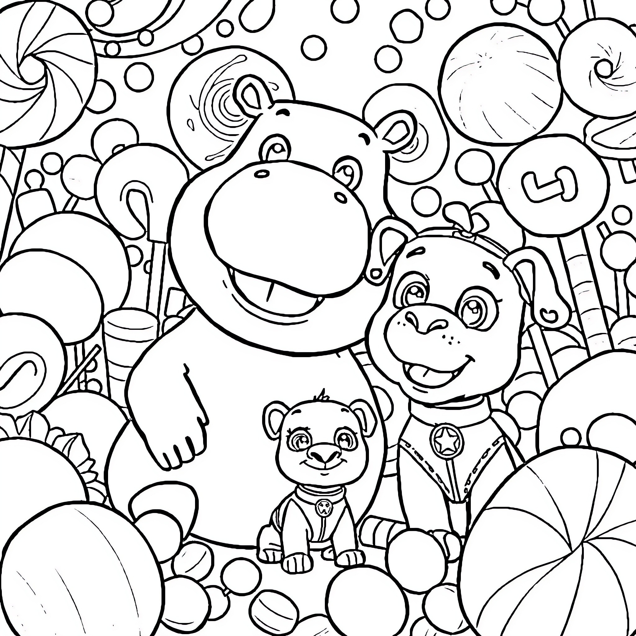 Hippo family enjoying playful carnival Coloring Page (free black-and-white line drawing printable PDF for all, from beginners to advanced learners, including children, teens, adults, and seniors)
