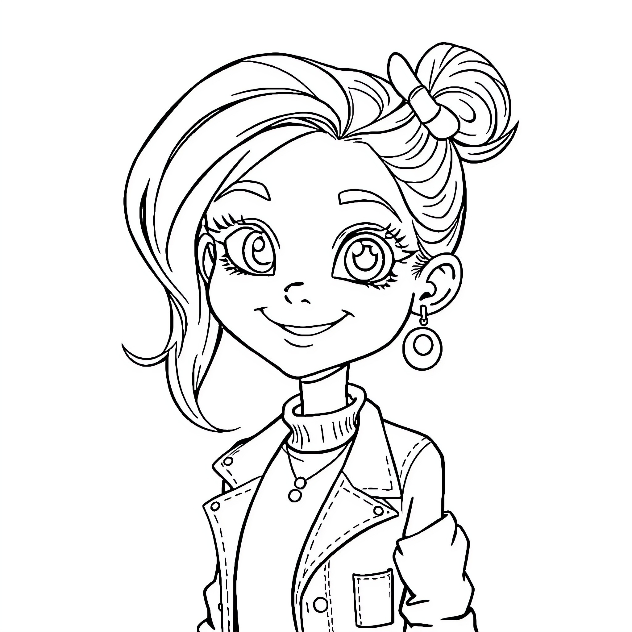 Girl with stylish hairdo and friendly expression Coloring Page (free black-and-white line drawing printable PDF for all, from beginners to advanced learners, including children, teens, adults, and seniors)