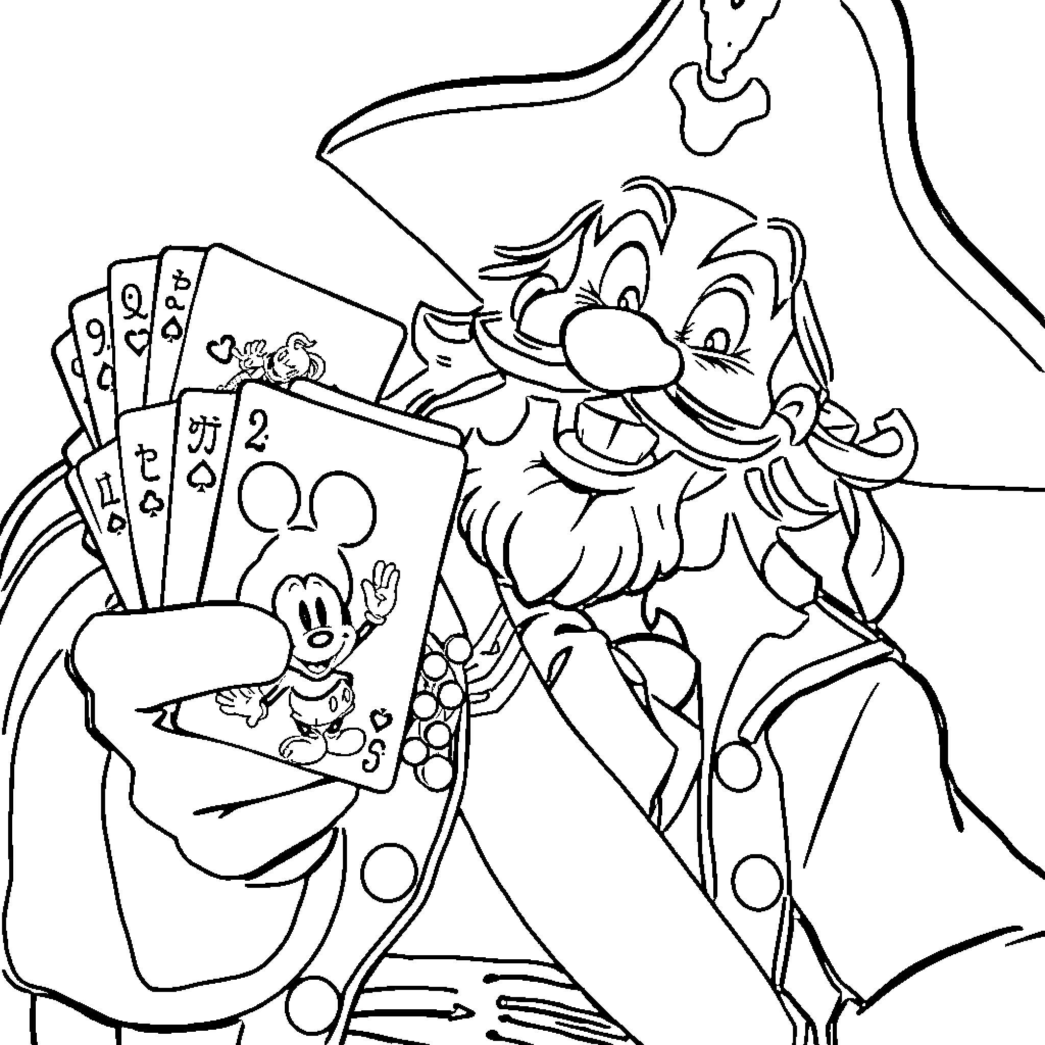 Long John Silver's Pirate Treasure Hunting Coloring Page (free black-and-white line drawing printable PDF for all, from beginners to advanced learners, including children, teens, adults, and seniors)