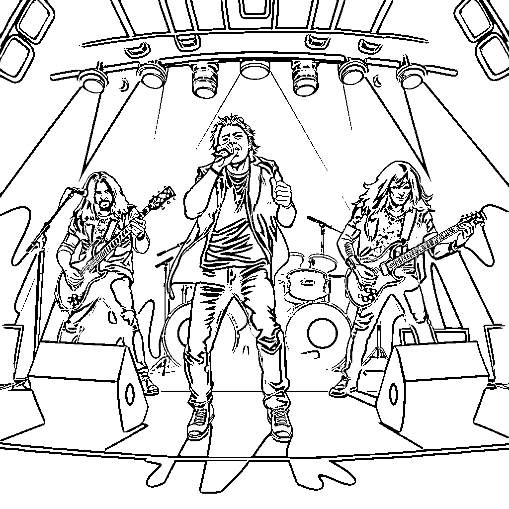 Band performing energetic rock show on stage Coloring Page (free black-and-white line drawing printable PDF for all, from beginners to advanced learners, including children, teens, adults, and seniors)