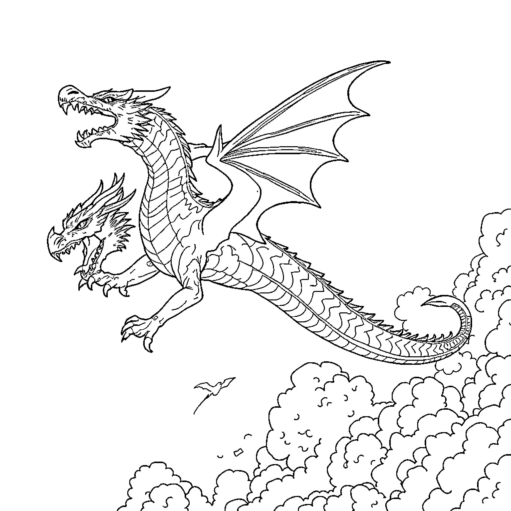 Dragon soaring through the clouds Coloring Page (free black-and-white line drawing printable PDF for all, from beginners to advanced learners, including children, teens, adults, and seniors)