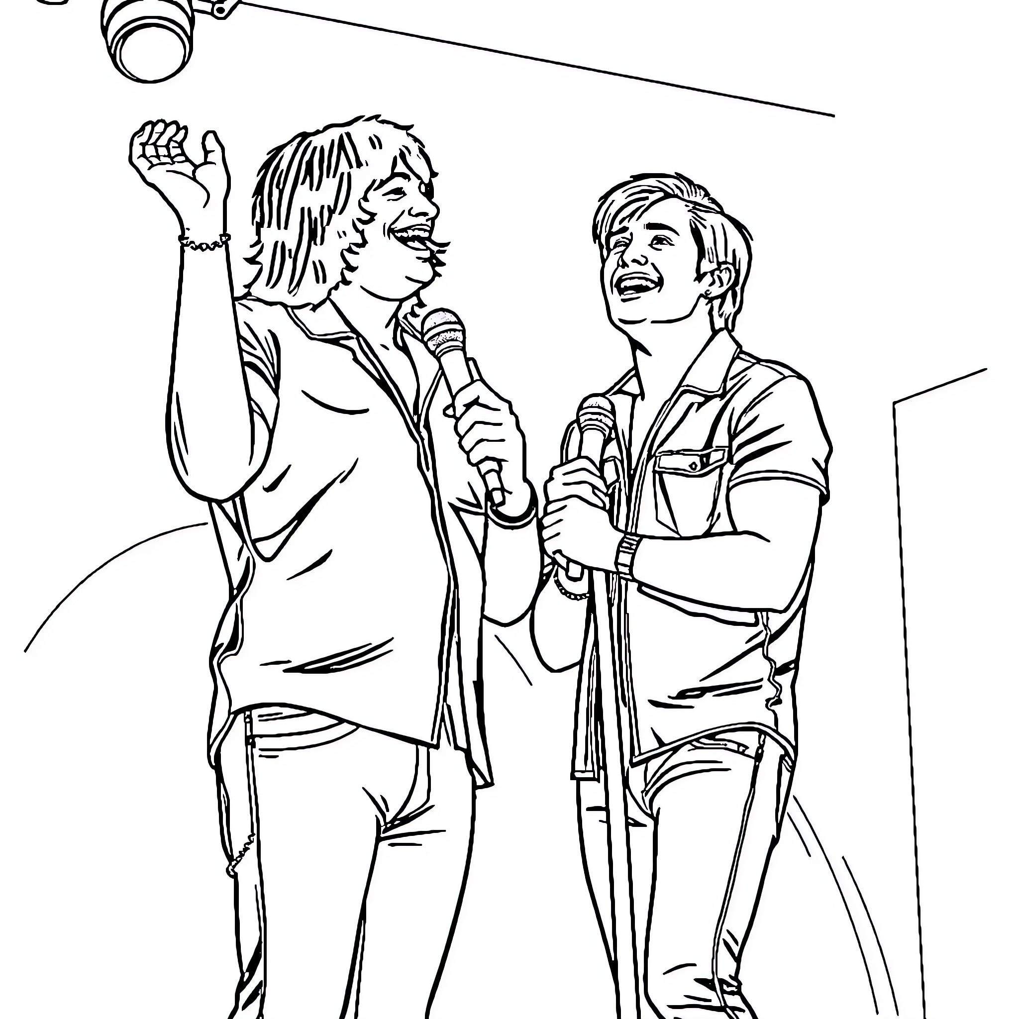 Vic Fuentes performing on stage with bandmate Coloring Page (free black-and-white line drawing printable PDF for all, from beginners to advanced learners, including children, teens, adults, and seniors)