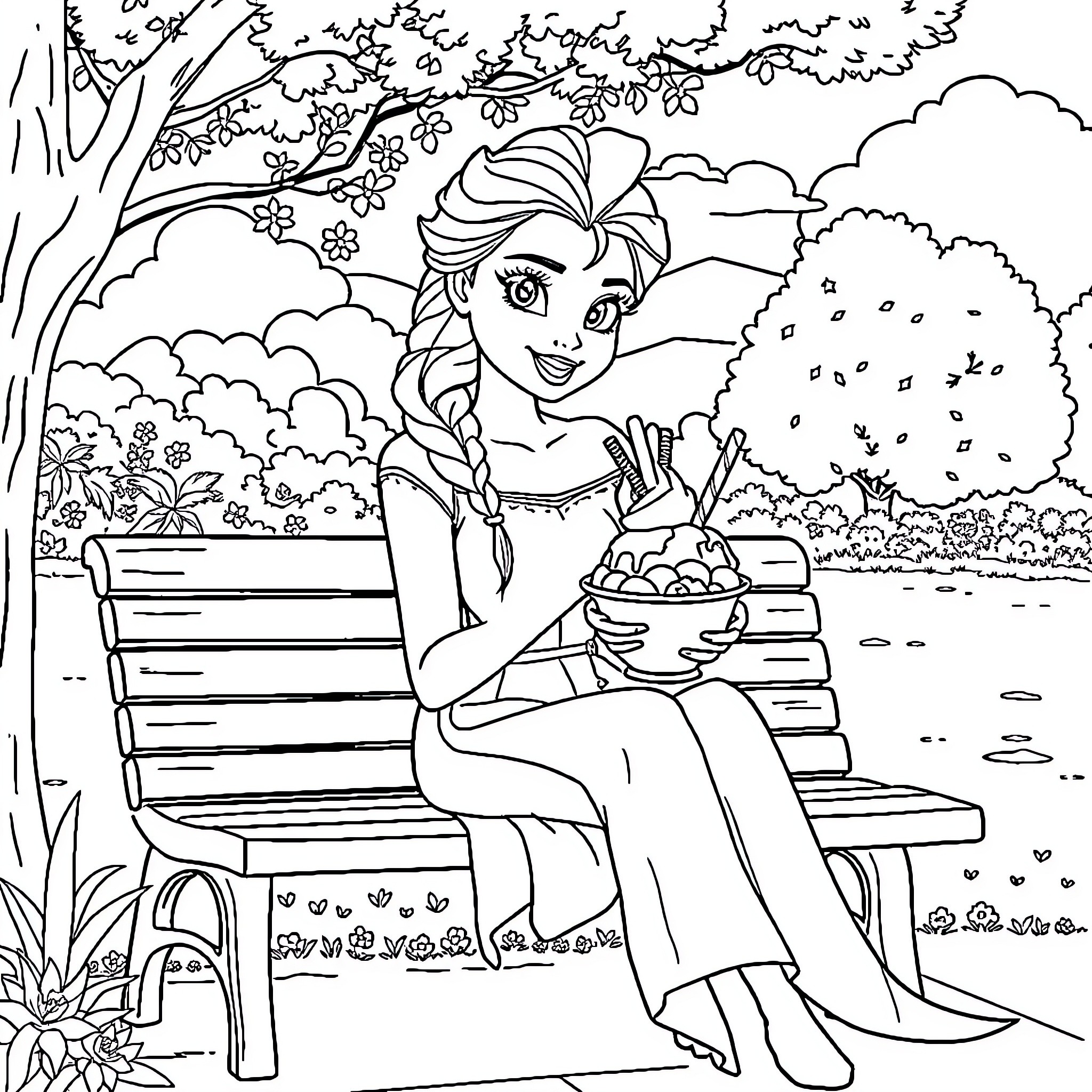 Elsa enjoying a peaceful day in the park Coloring Page (free black-and-white line drawing printable PDF for all, from beginners to advanced learners, including children, teens, adults, and seniors)
