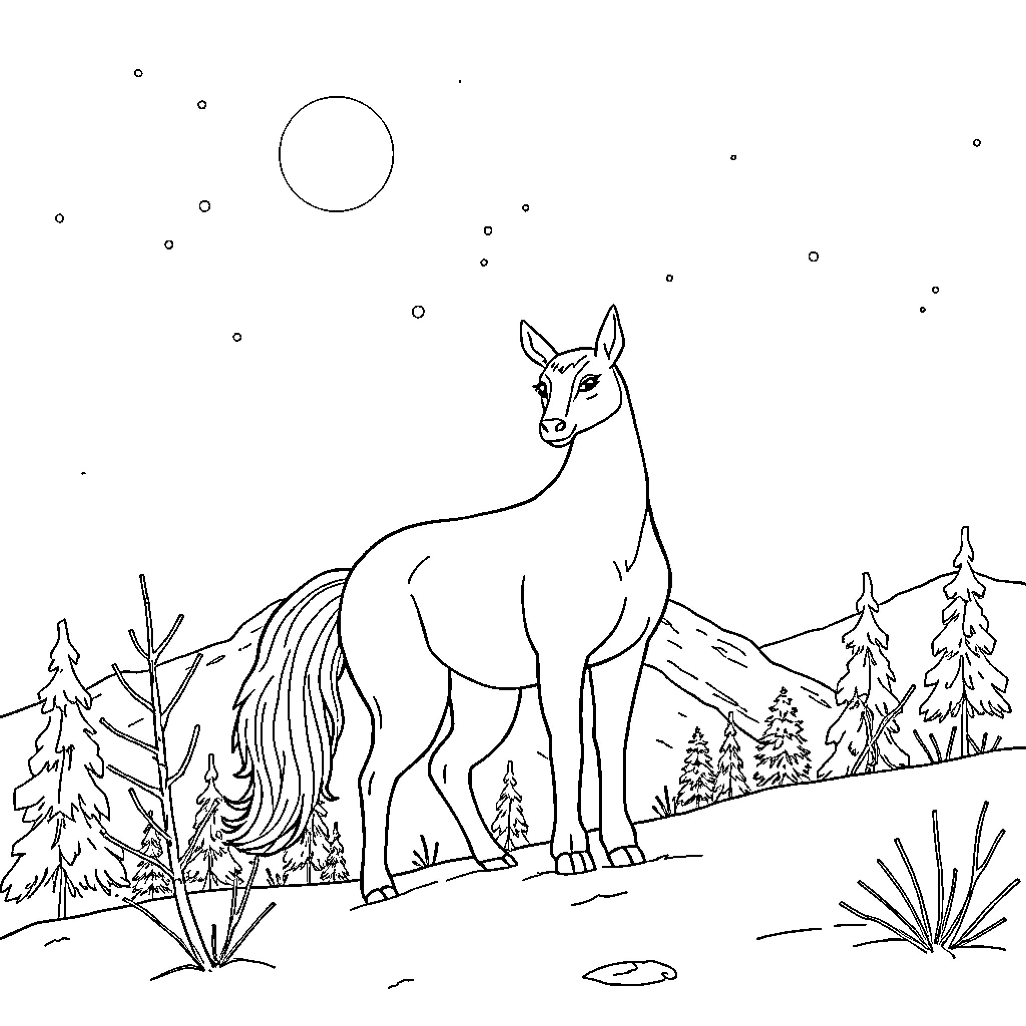 Snow Queen's Majestic Deer in Snowy Wonderland Coloring Page (free black-and-white line drawing printable PDF for all, from beginners to advanced learners, including children, teens, adults, and seniors)
