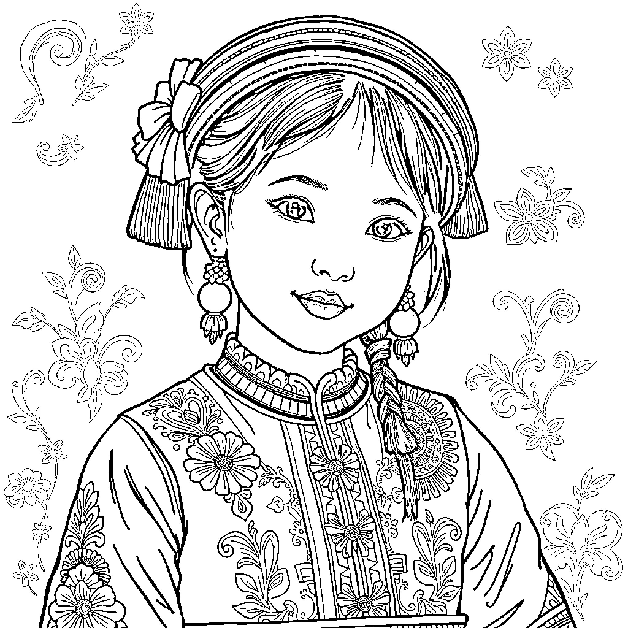 Hmong Girl in Traditional Dress with Floral Adornments Coloring Page (free black-and-white line drawing printable PDF for all, from beginners to advanced learners, including children, teens, adults, and seniors)