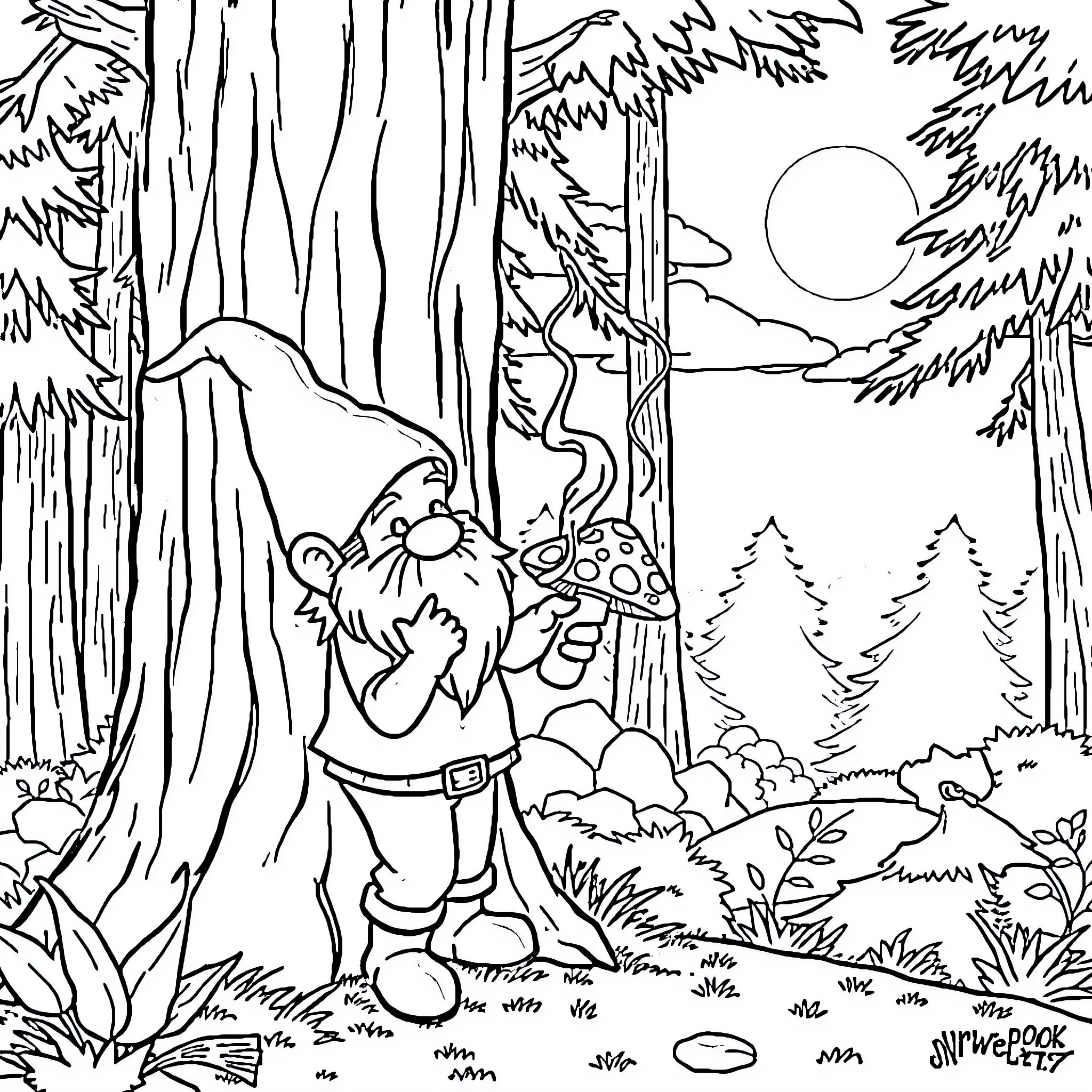 Gnome exploring the enchanted forest Coloring Page (free black-and-white line drawing printable PDF for all, from beginners to advanced learners, including children, teens, adults, and seniors)