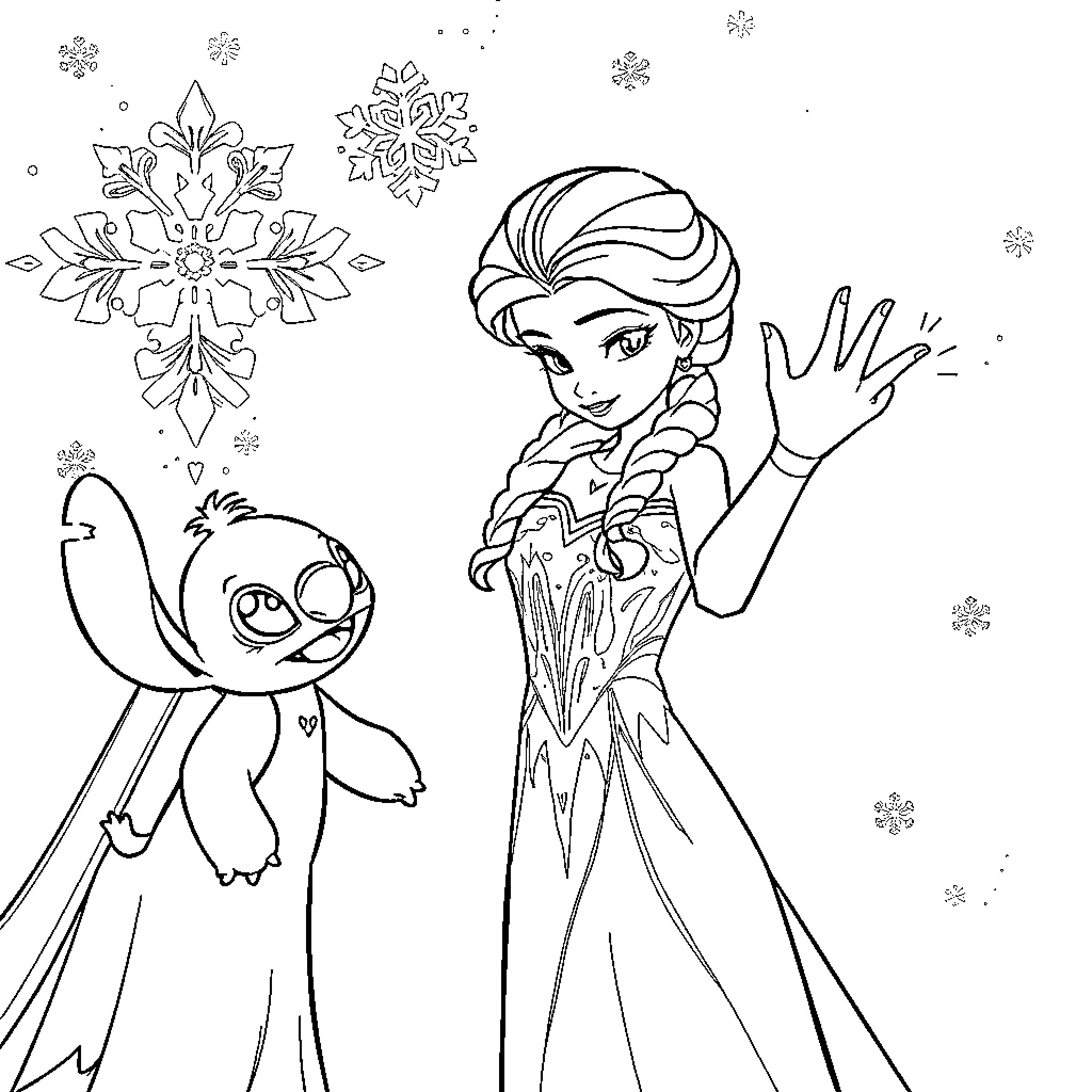 Elsa's Wintry Adventure with Stitch Coloring Page (free black-and-white line drawing printable PDF for all, from beginners to advanced learners, including children, teens, adults, and seniors)