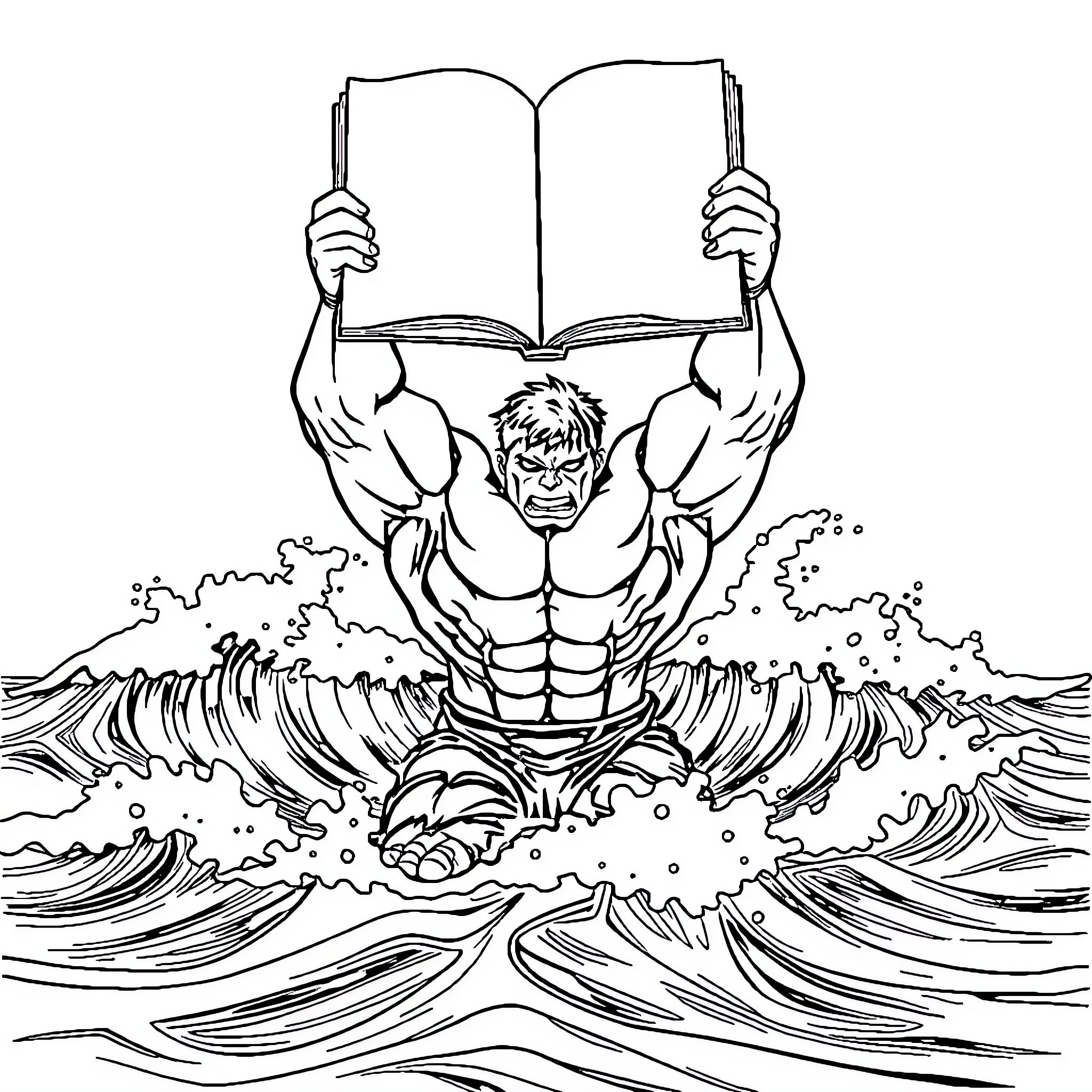 Hulk Lifting Book Amidst Stormy Waves Coloring Page (free black-and-white line drawing printable PDF for all, from beginners to advanced learners, including children, teens, adults, and seniors)