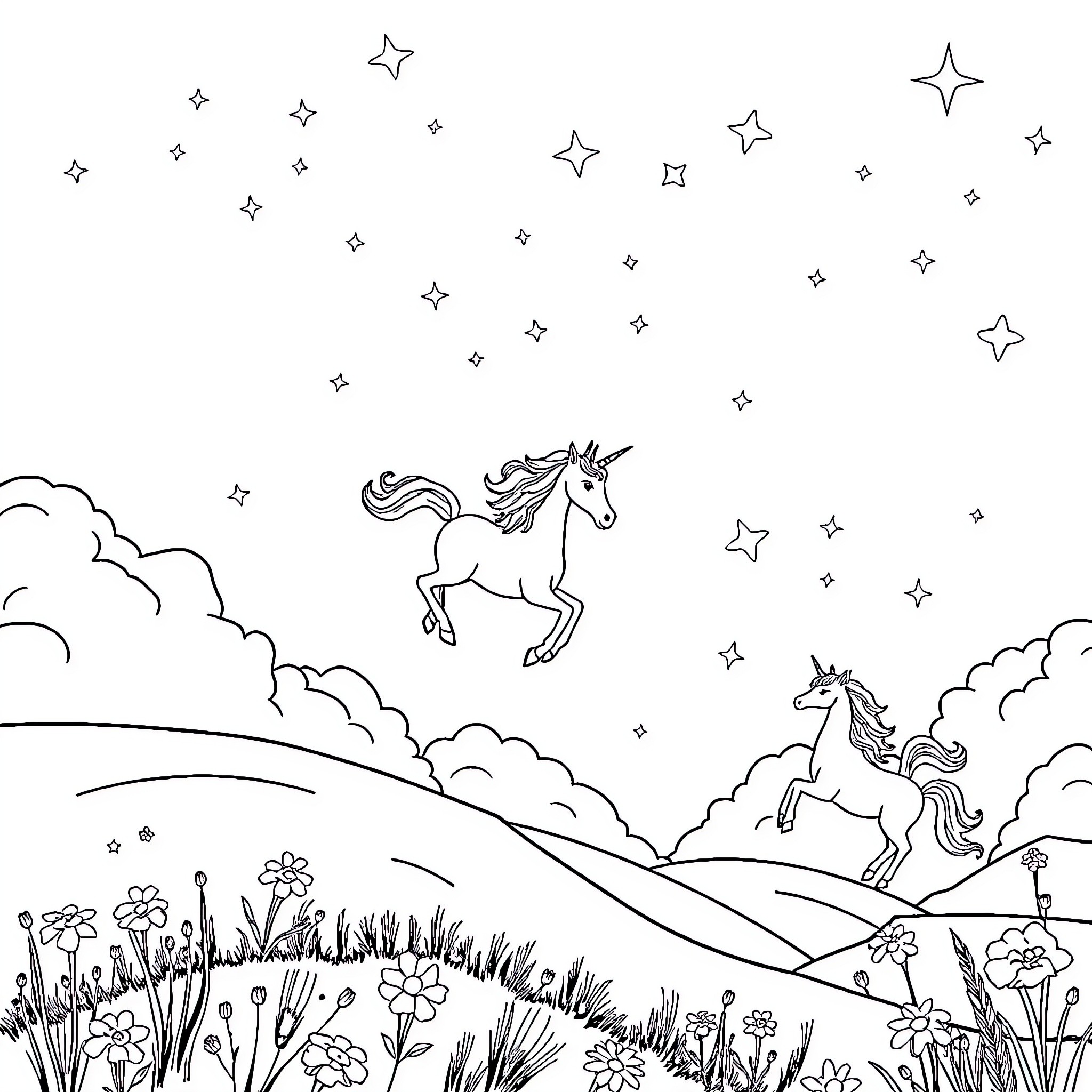 Alicorn Unicorns Frolicking in Magical Meadow Coloring Page (free black-and-white line drawing printable PDF for all, from beginners to advanced learners, including children, teens, adults, and seniors)