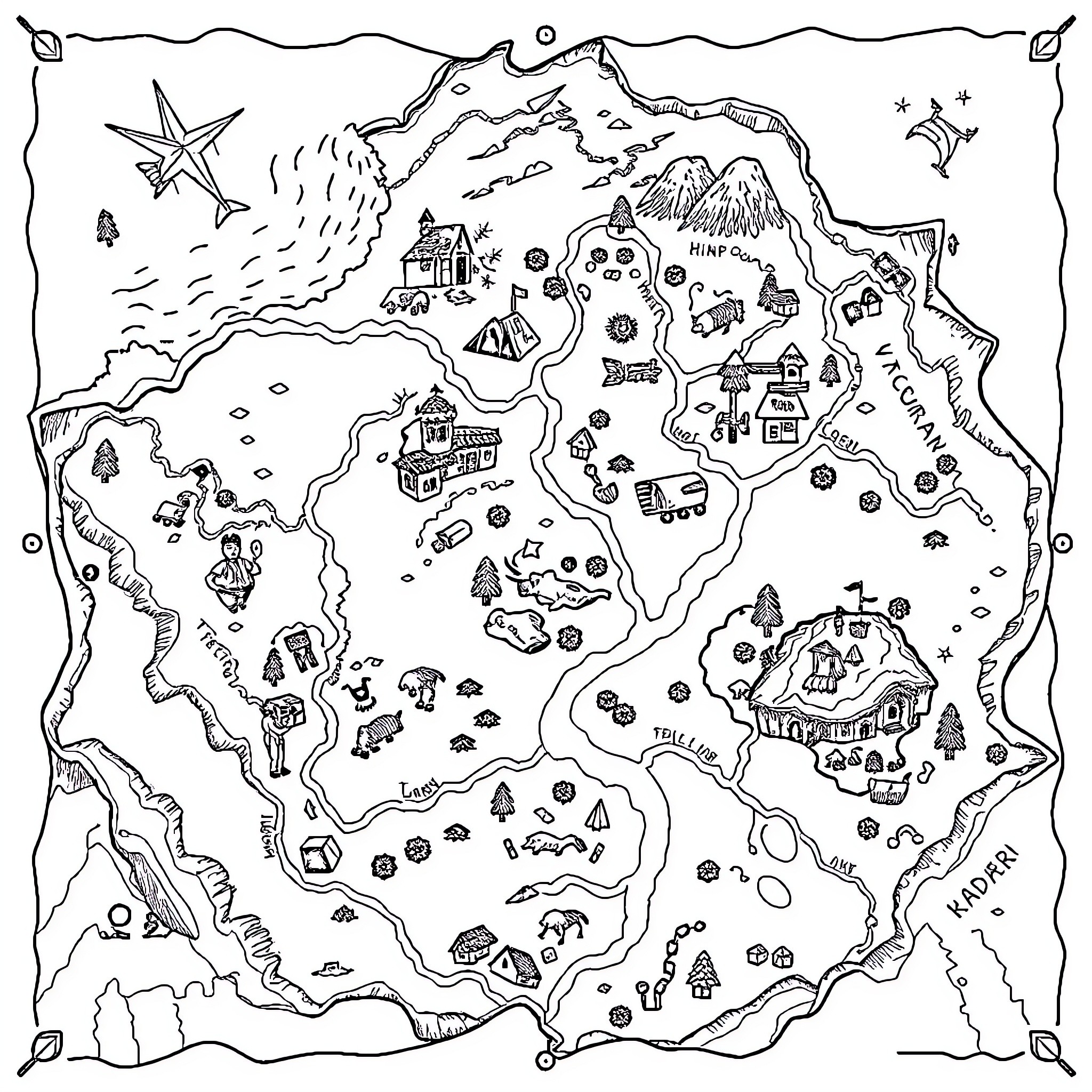 Treasure Map of a Fantasy World Coloring Page (free black-and-white line drawing printable PDF for all, from beginners to advanced learners, including children, teens, adults, and seniors)