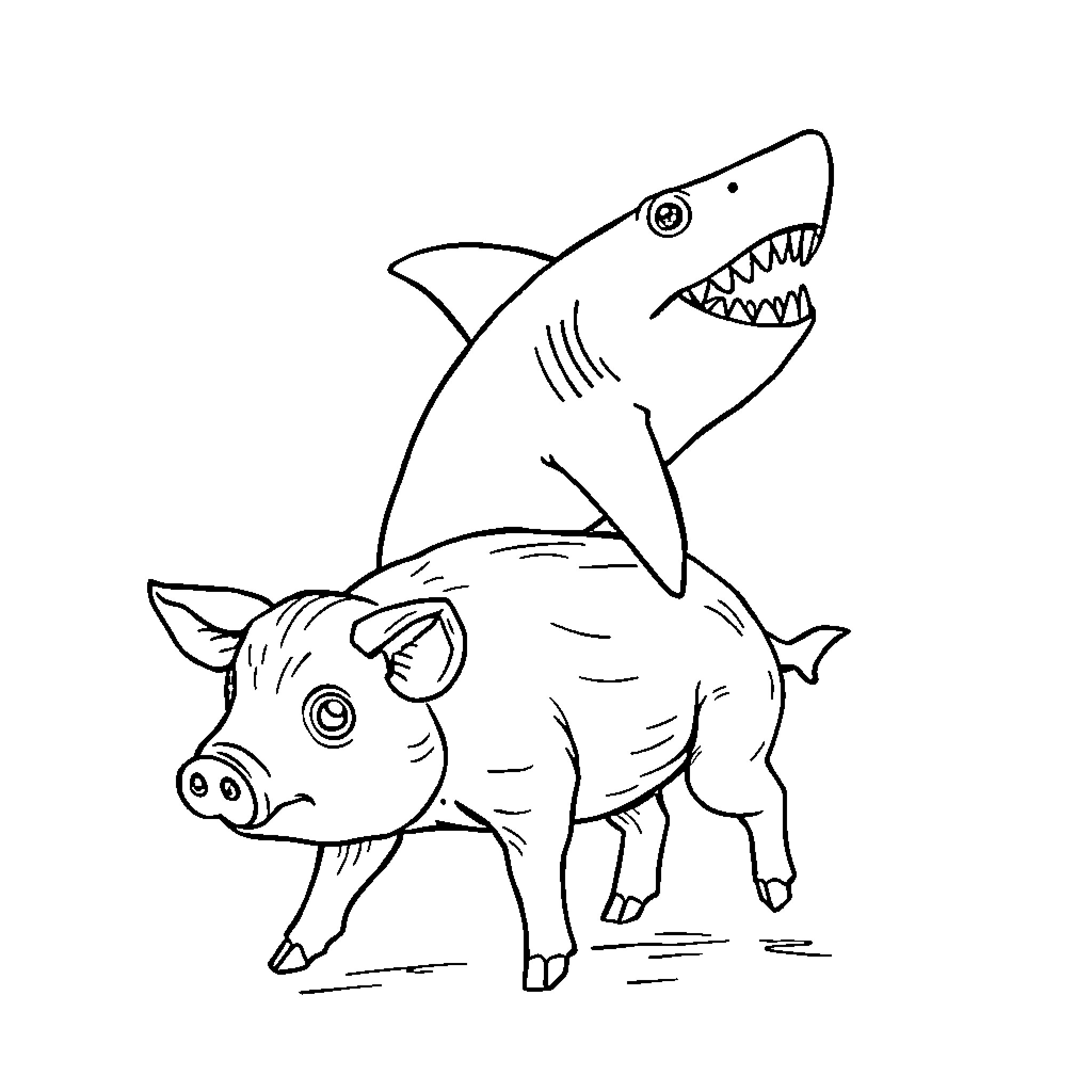 Shark chasing playful piglet Coloring Page (free black-and-white line drawing printable PDF for all, from beginners to advanced learners, including children, teens, adults, and seniors)