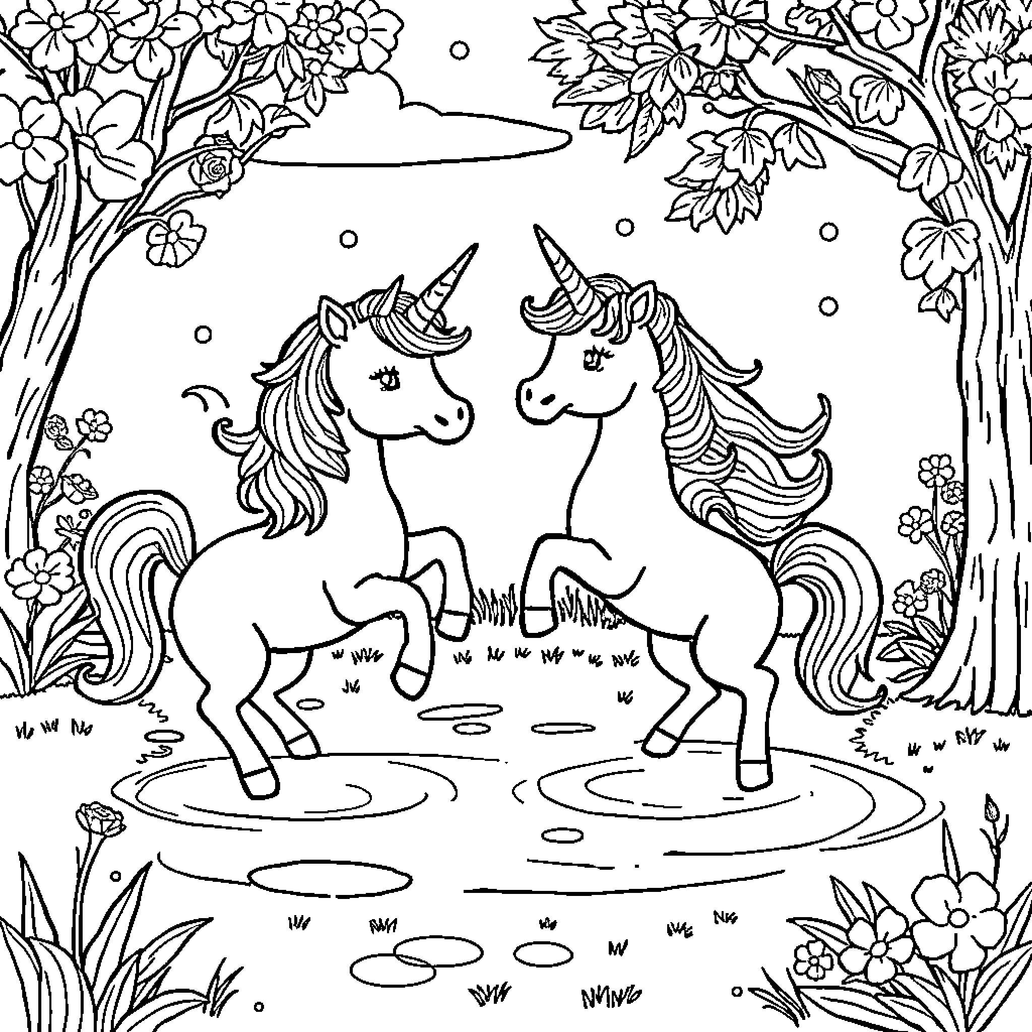 Baby Unicorns playing joyfully in a magical forest Coloring Page (free black-and-white line drawing printable PDF for all, from beginners to advanced learners, including children, teens, adults, and seniors)