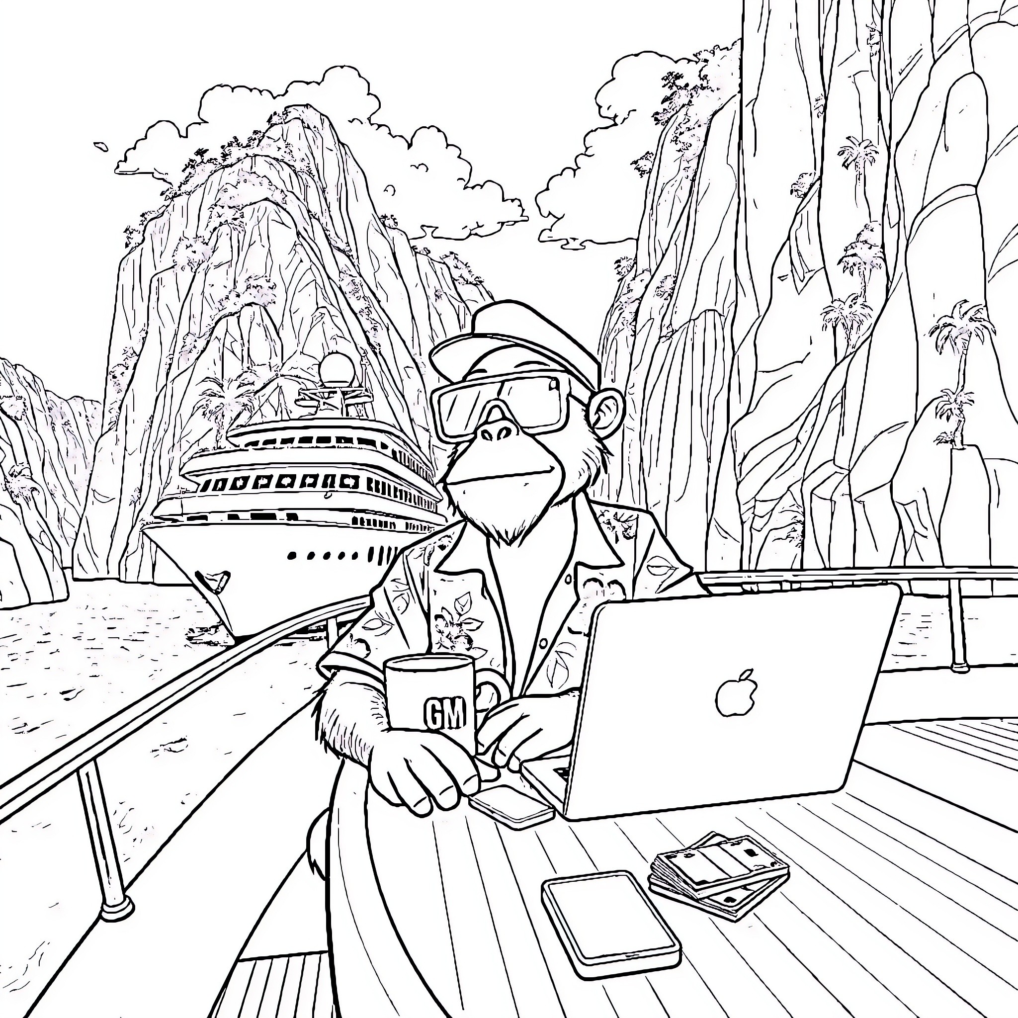 Ape exploring remote wilderness with laptop Coloring Page (free black-and-white line drawing printable PDF for all, from beginners to advanced learners, including children, teens, adults, and seniors)