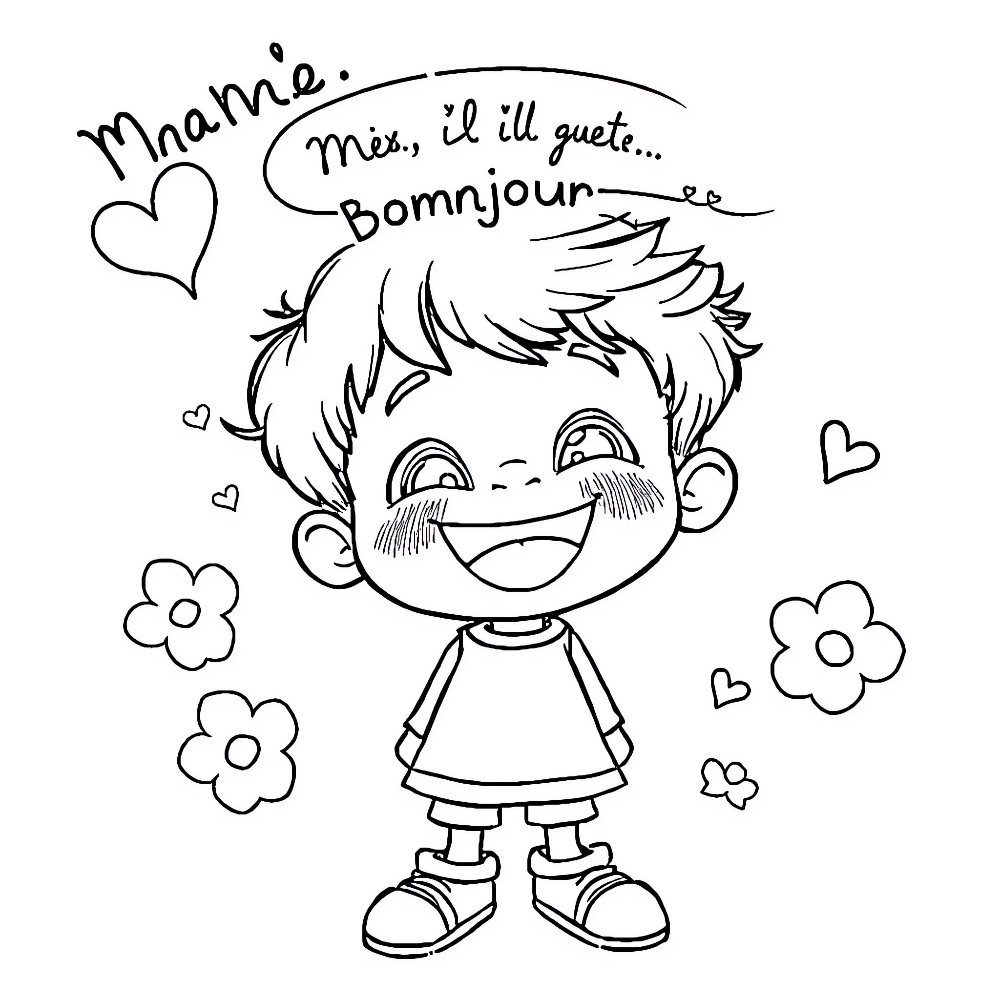 Enfant avec un expression joyeuse Coloring Page (free black-and-white line drawing printable PDF for all, from beginners to advanced learners, including children, teens, adults, and seniors)