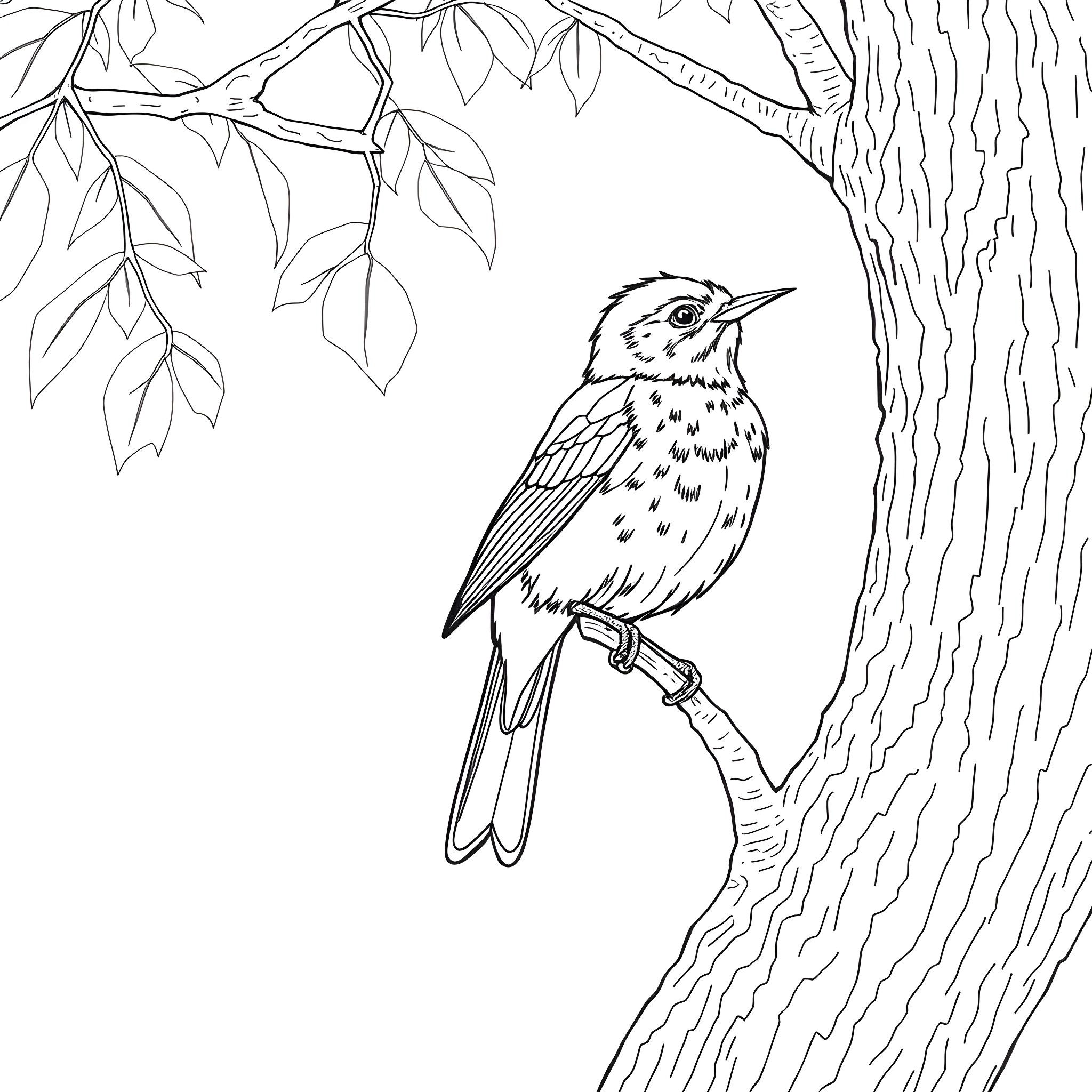 Honeycreeper perched on tree branch Coloring Page (free black-and-white line drawing printable PDF for all, from beginners to advanced learners, including children, teens, adults, and seniors)