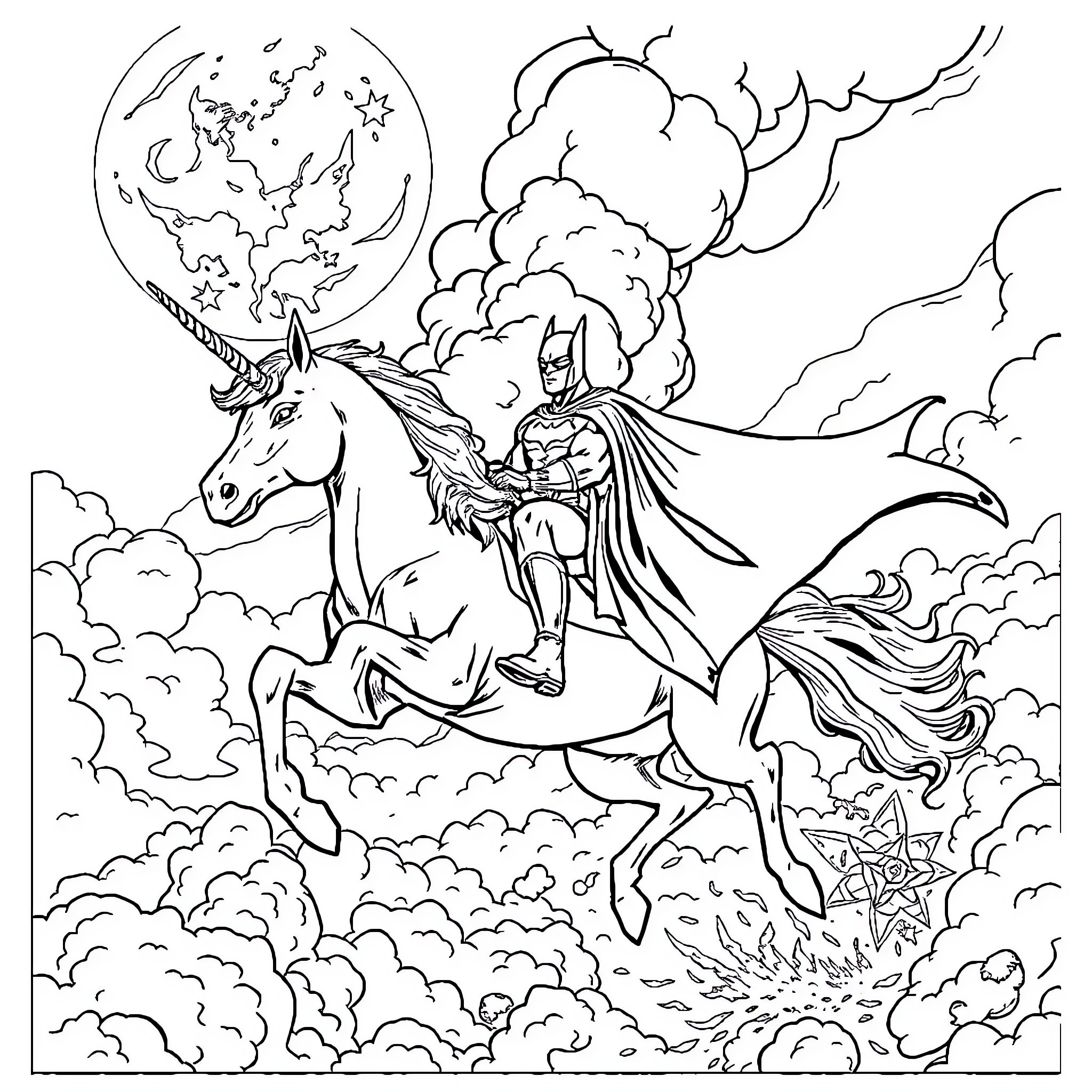 Batman riding a unicorn through a stormy night sky Coloring Page (free black-and-white line drawing printable PDF for all, from beginners to advanced learners, including children, teens, adults, and seniors)