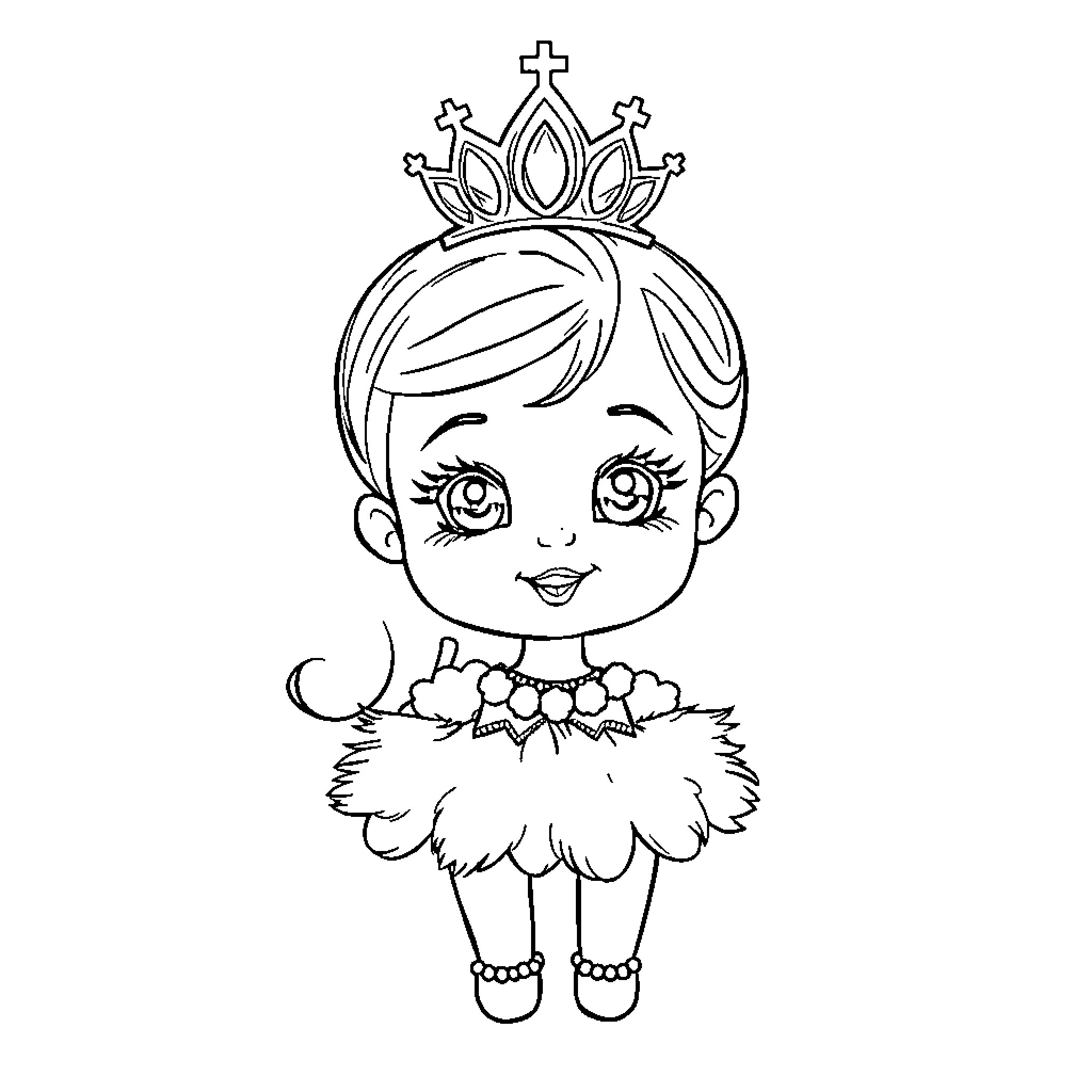 Princess in a Feather Dress with Crown Coloring Page (free black-and-white line drawing printable PDF for all, from beginners to advanced learners, including children, teens, adults, and seniors)