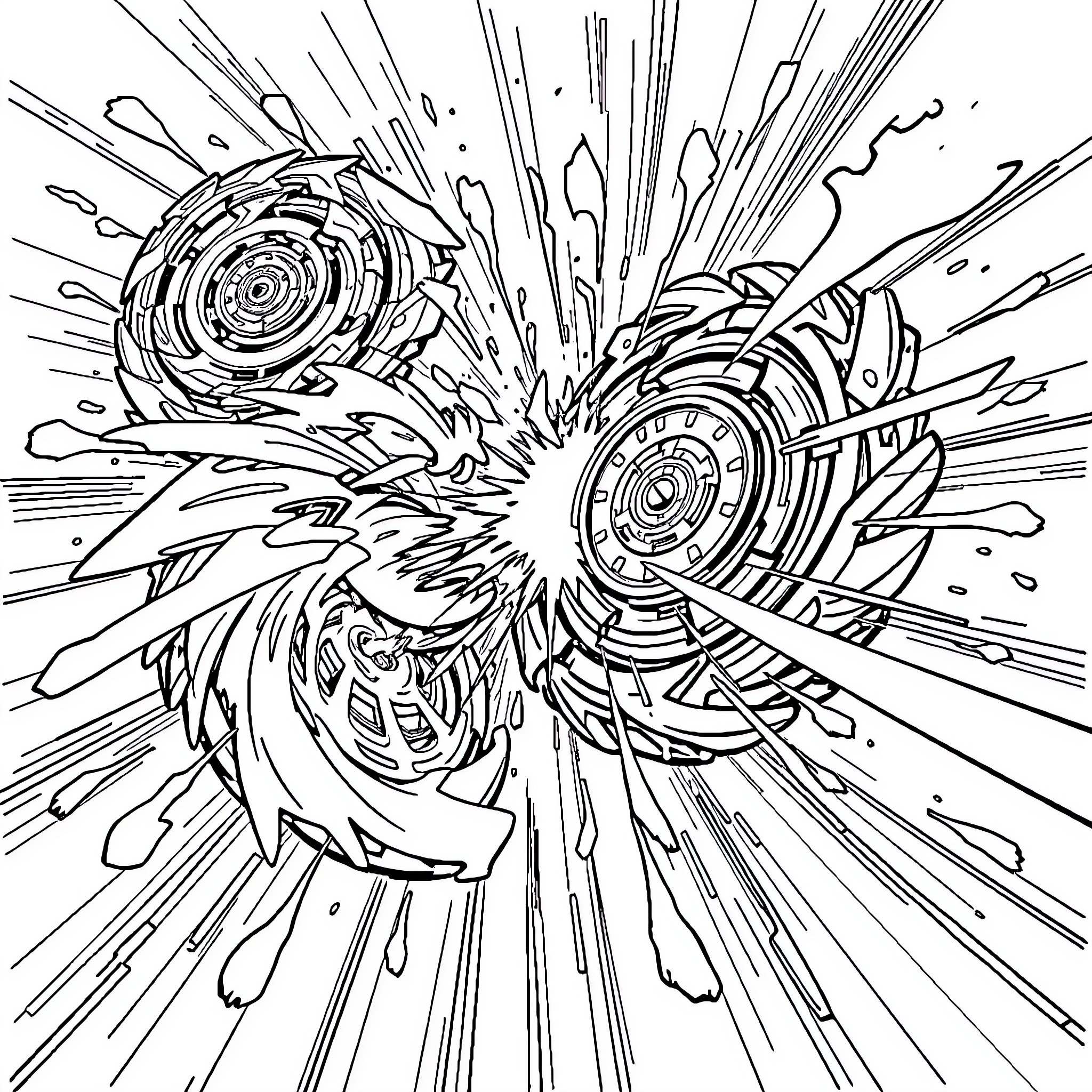 Beyblade Battle Explosion Coloring Page (free black-and-white line drawing printable PDF for all, from beginners to advanced learners, including children, teens, adults, and seniors)