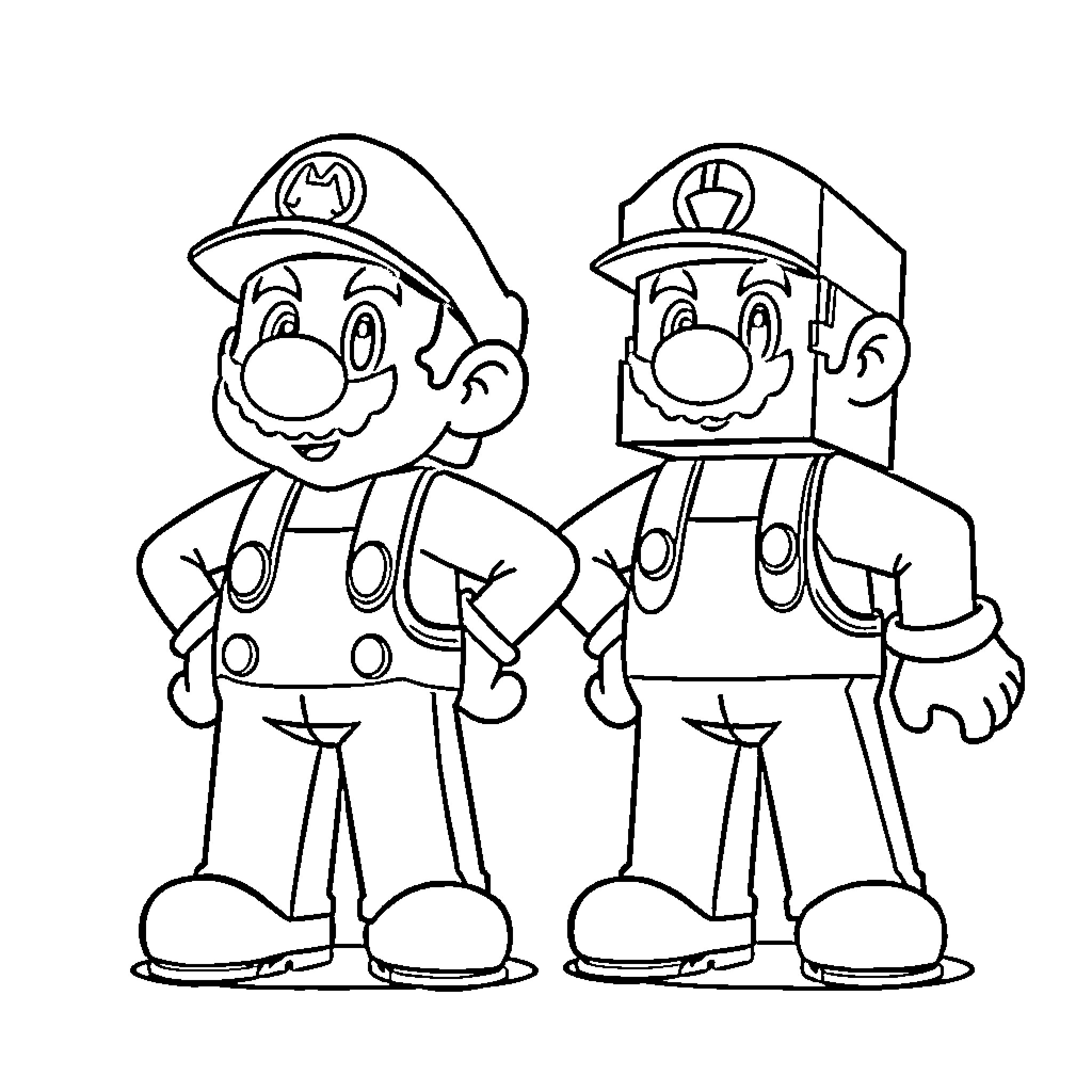Mario and Luigi in Firefighter Uniforms Coloring Page (free black-and-white line drawing printable PDF for all, from beginners to advanced learners, including children, teens, adults, and seniors)