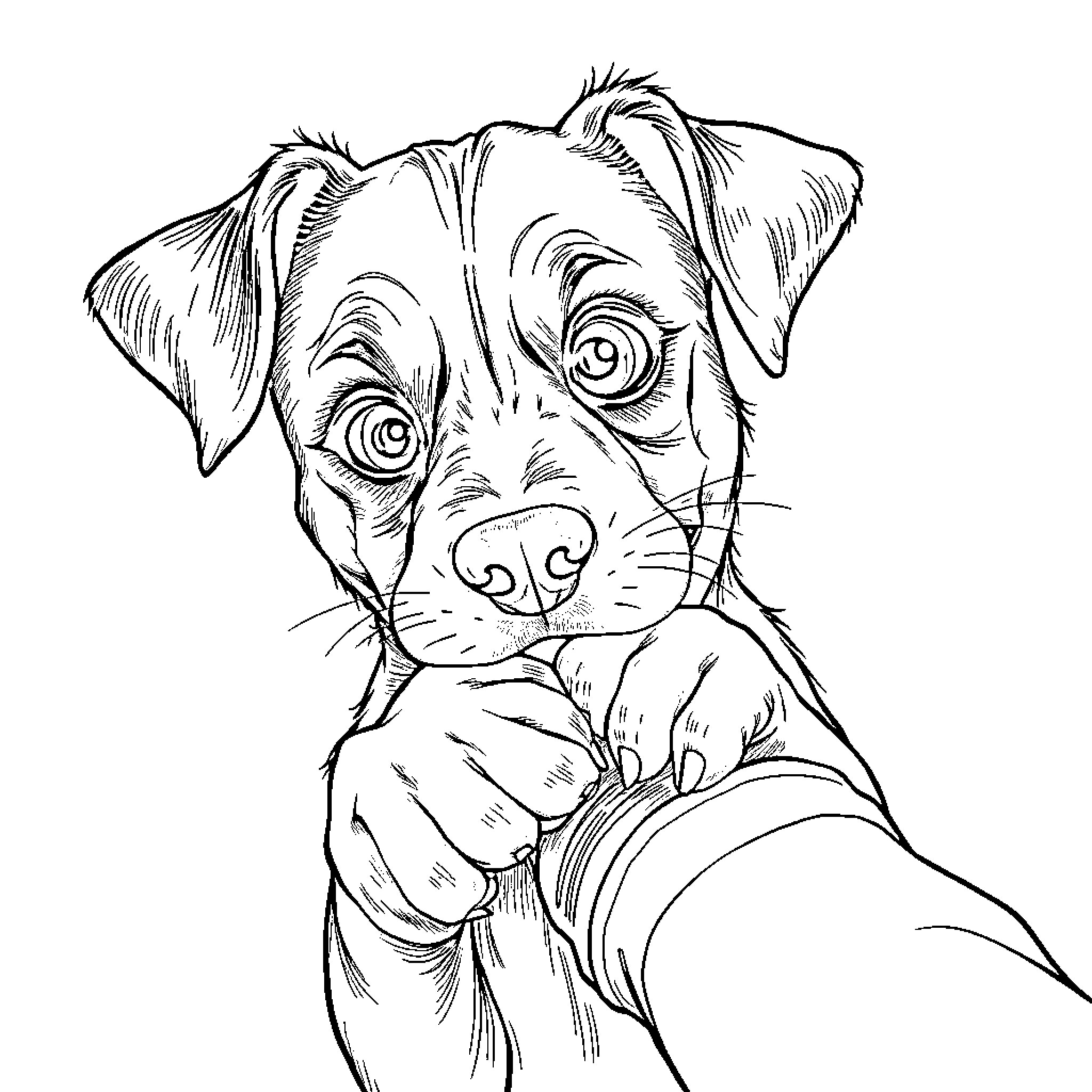 Dog curiously examining a toy Coloring Page (free black-and-white line drawing printable PDF for all, from beginners to advanced learners, including children, teens, adults, and seniors)