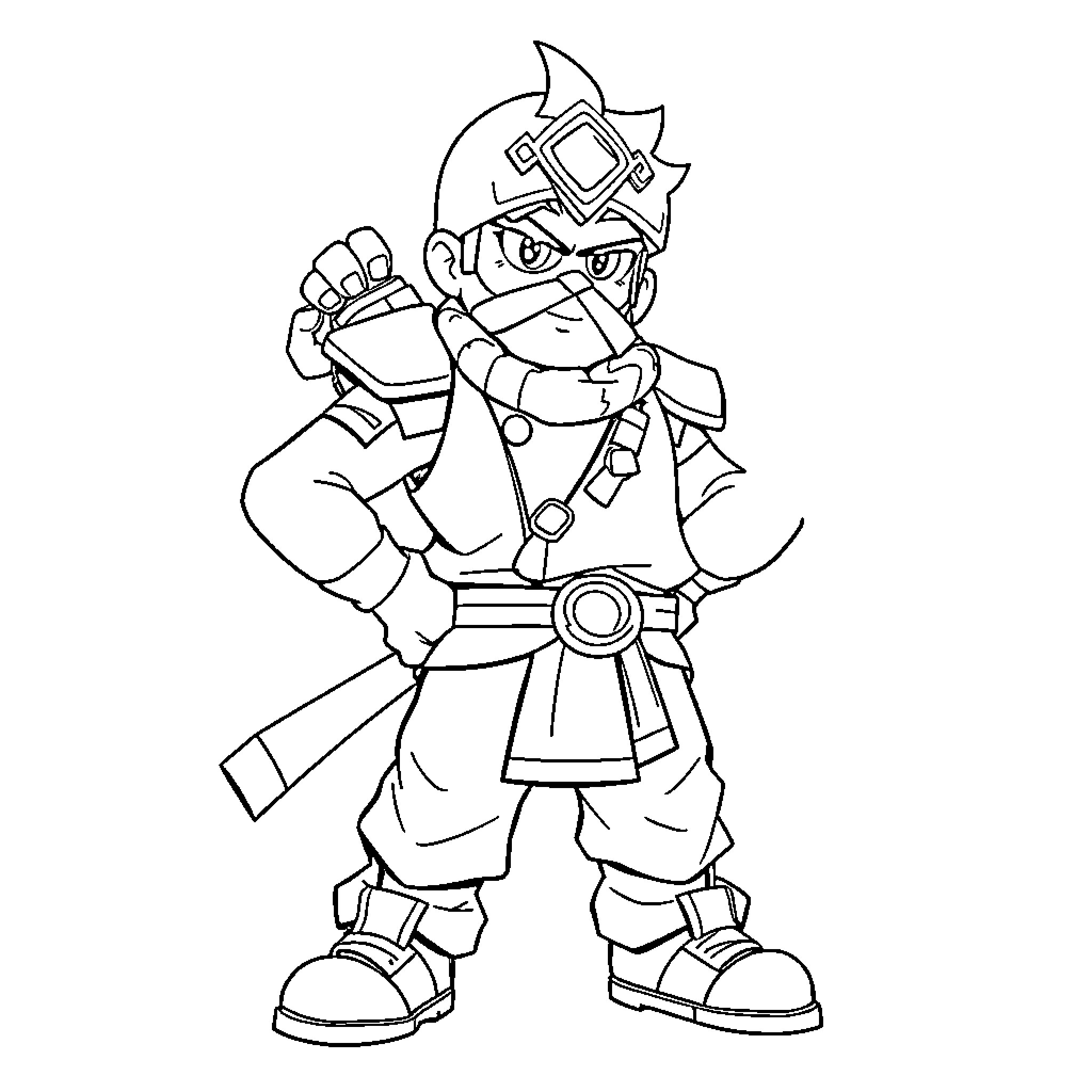 Kenji the Adventurous Warrior in Action Coloring Page (free black-and-white line drawing printable PDF for all, from beginners to advanced learners, including children, teens, adults, and seniors)