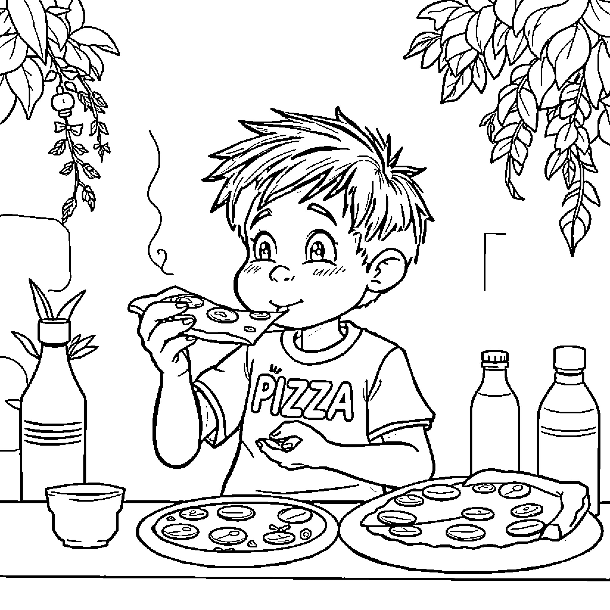 Niño enjoying a delicious pizza Coloring Page (free black-and-white line drawing printable PDF for all, from beginners to advanced learners, including children, teens, adults, and seniors)