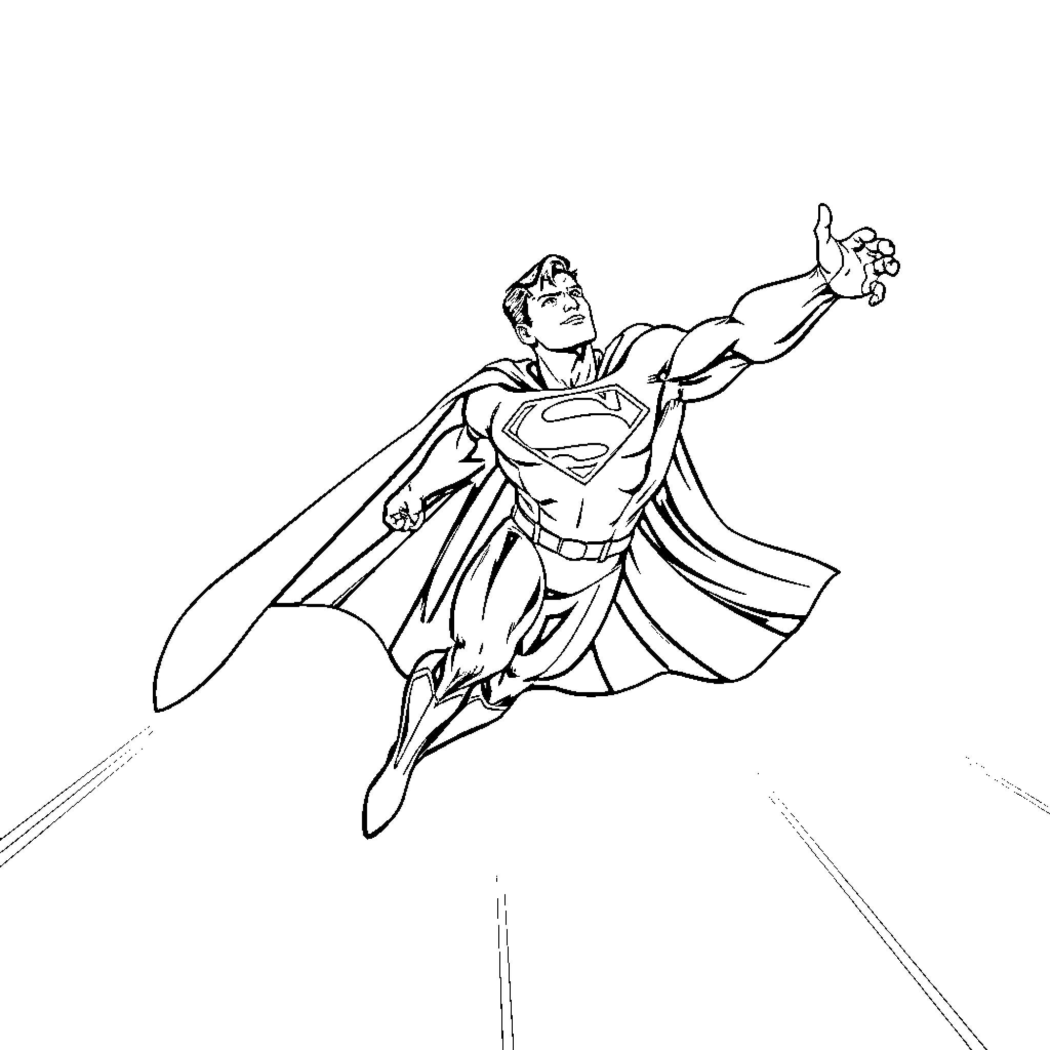 Superman flying heroically in action Coloring Page (free black-and-white line drawing printable PDF for all, from beginners to advanced learners, including children, teens, adults, and seniors)