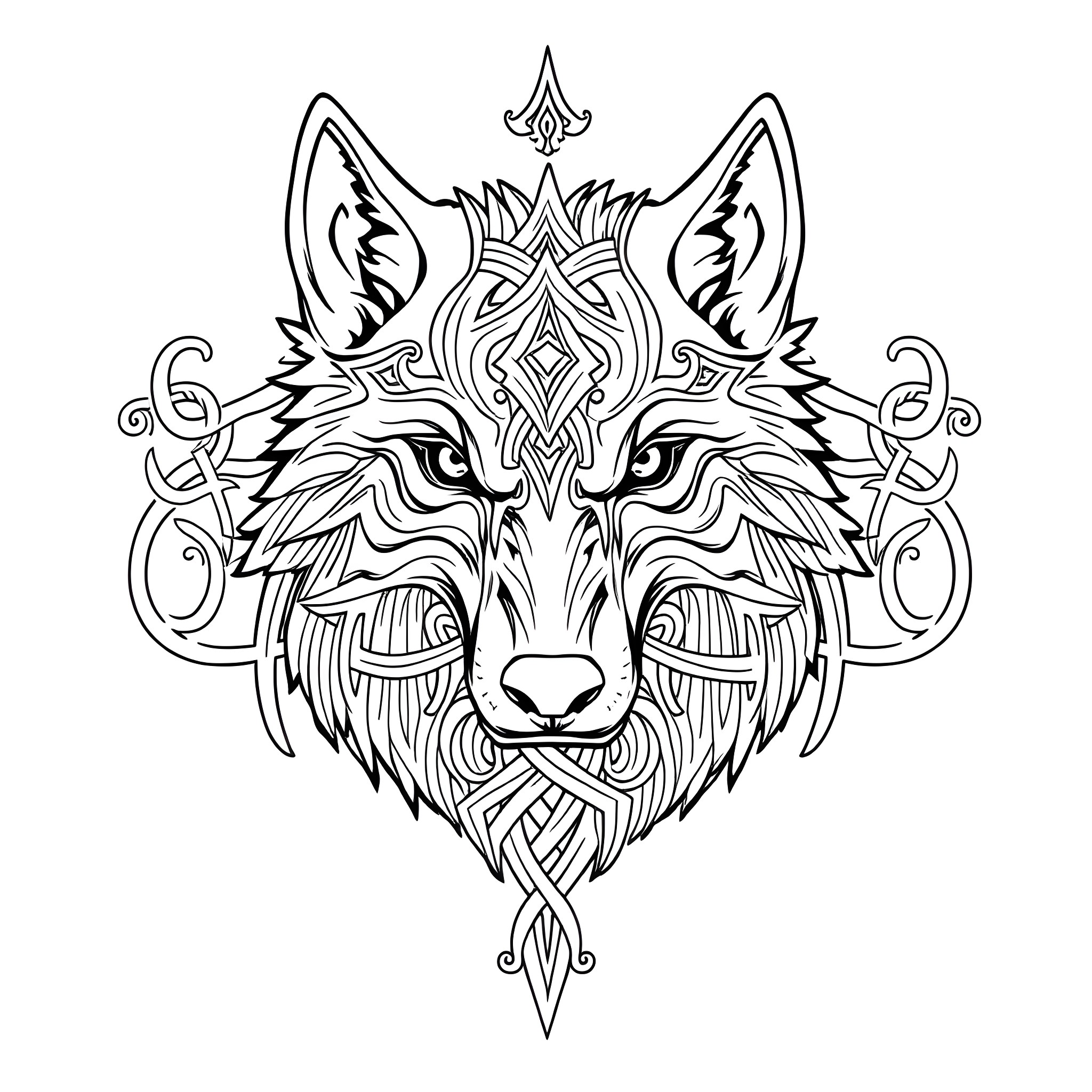 Wolf with ornate tribal design Coloring Page (free black-and-white line drawing printable PDF for all, from beginners to advanced learners, including children, teens, adults, and seniors)